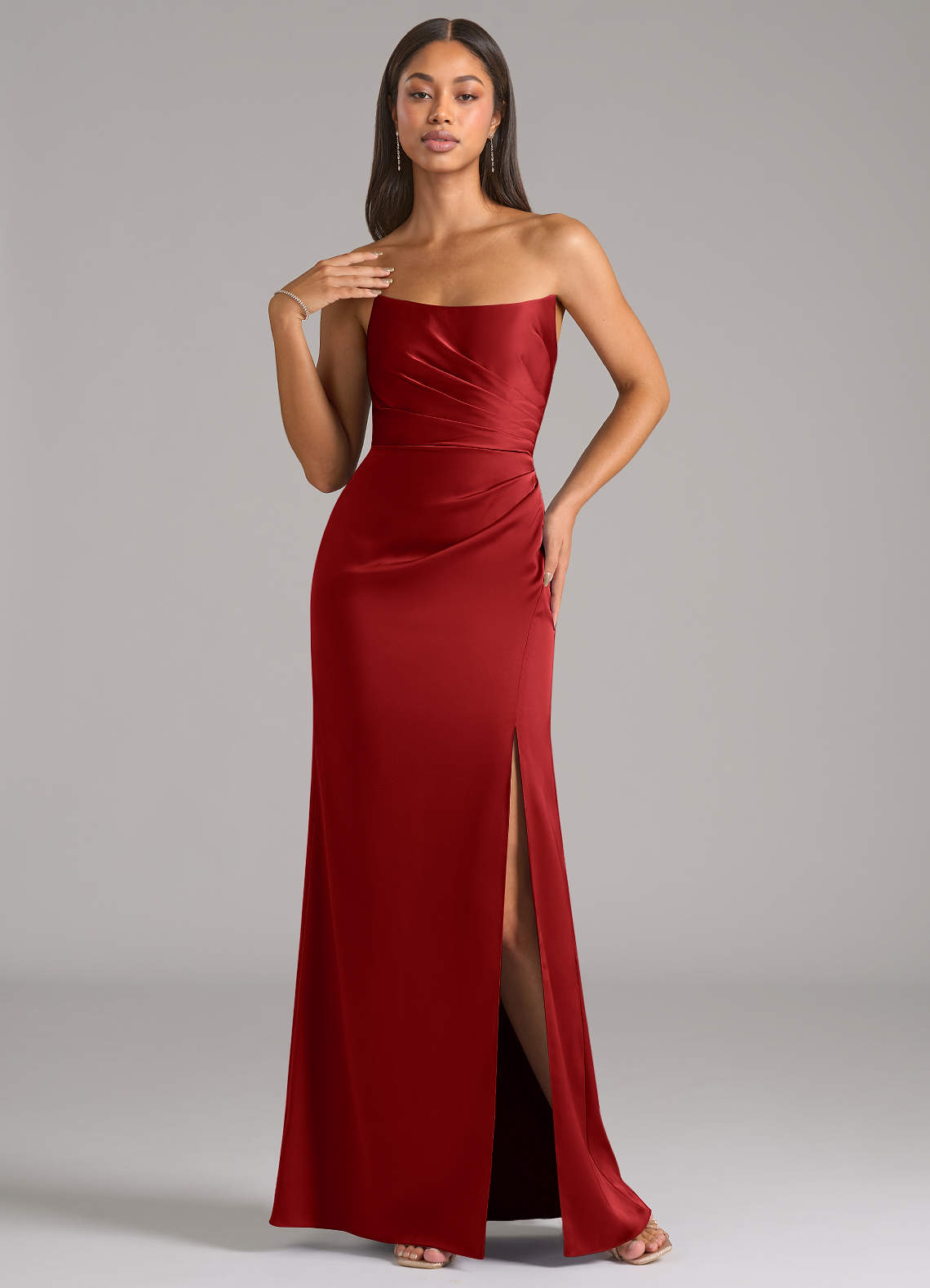 Marla Sheath Strapless Stretch Satin Bridesmaid Dress in Pomegranate