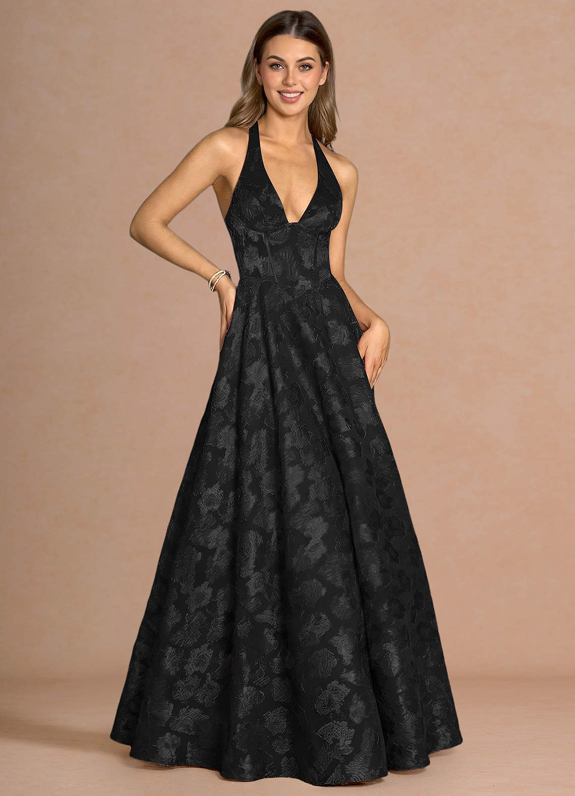 Isabeau A-Line V-Neck Fil Coupé Evening Dress in Black