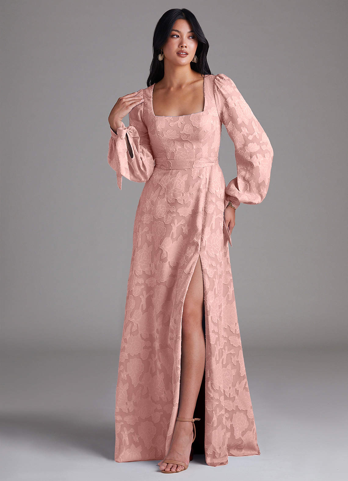 Leonia A-Line Square-Neck Stretch Satin Bridesmaid Dress in Powder Pink