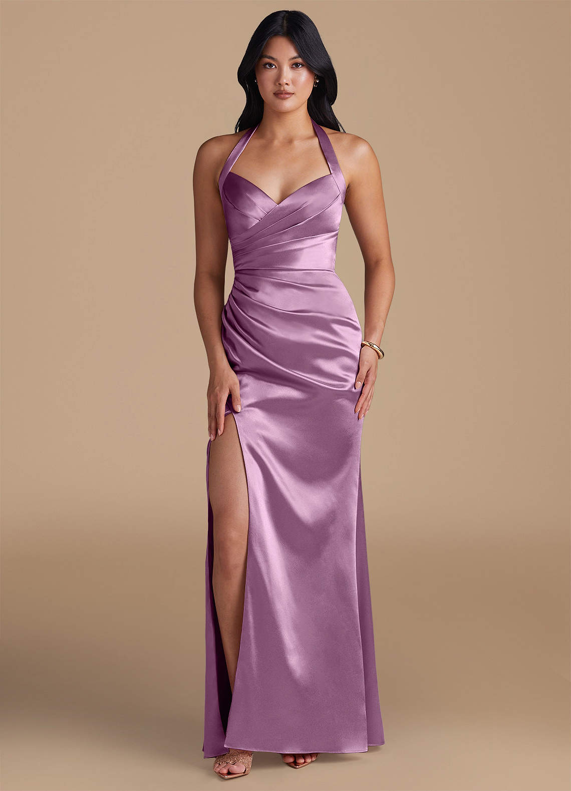 Emeria Sheath Halter Metallic Satin Bridesmaid Dress in Wisteria