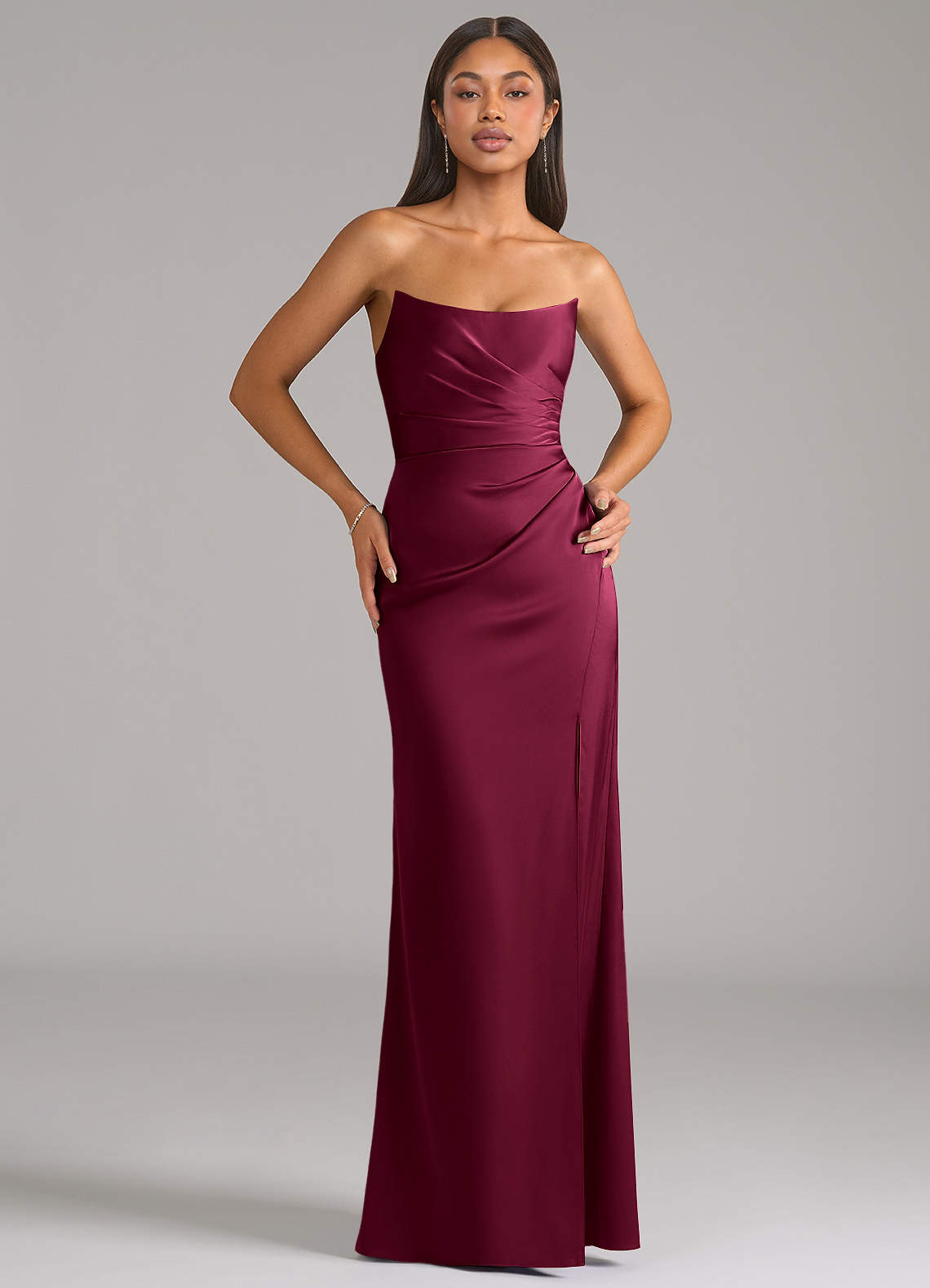 Marla Sheath Strapless Stretch Satin Bridesmaid Dress in Burgundy