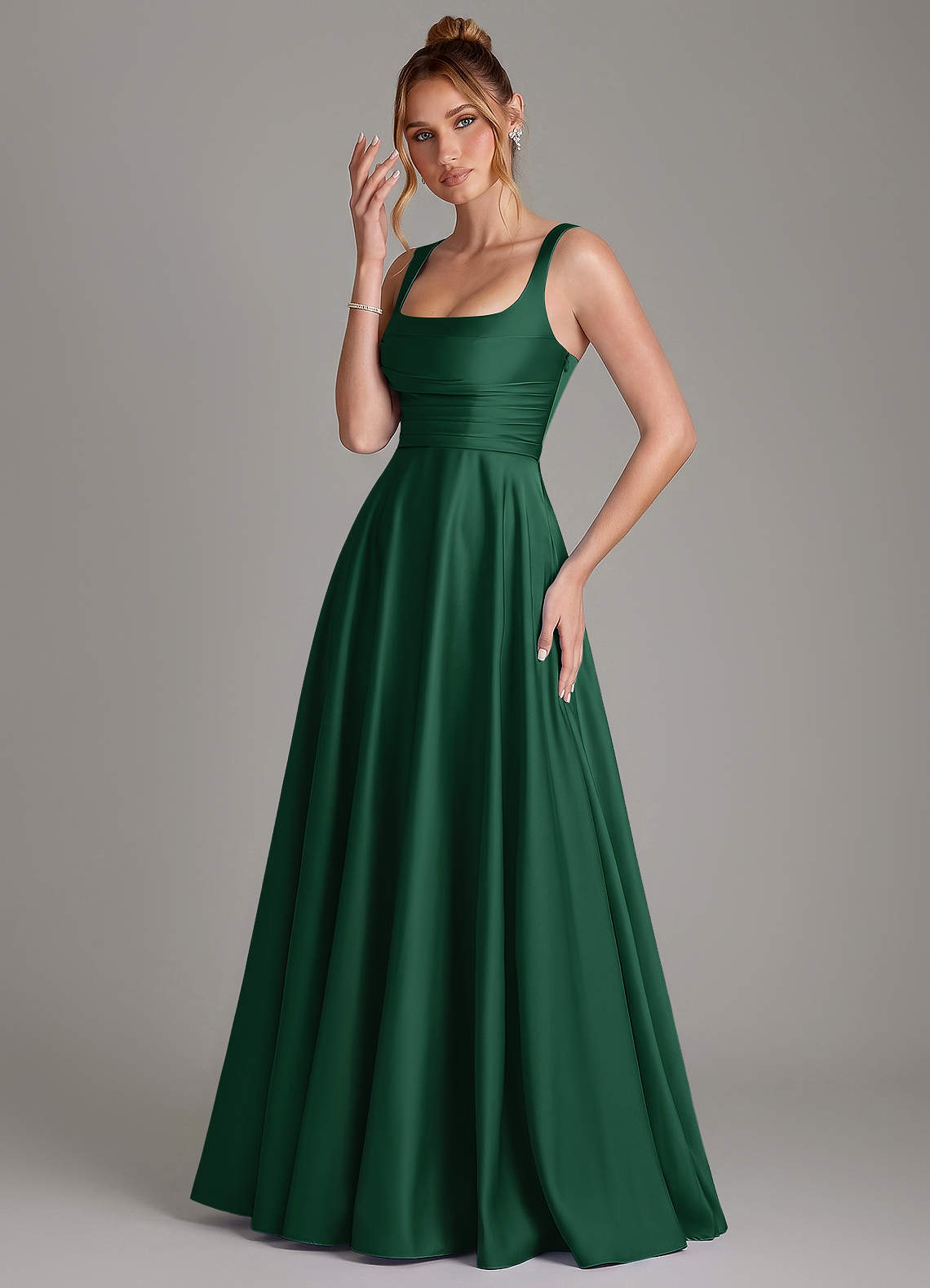 Azaria A-Line Square-Neck Stretch Satin Bridesmaid Dress in Dark Green