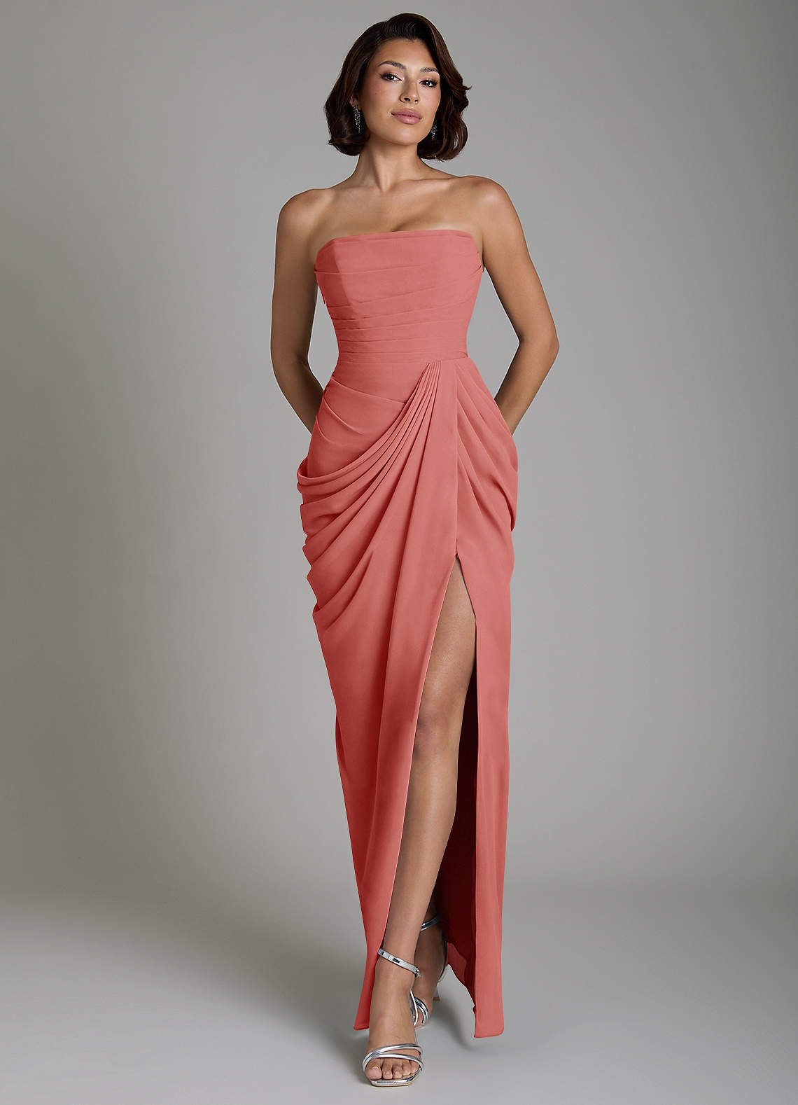Nyra Sheath Strapless Chiffon Bridesmaid Dress in Antique Rose