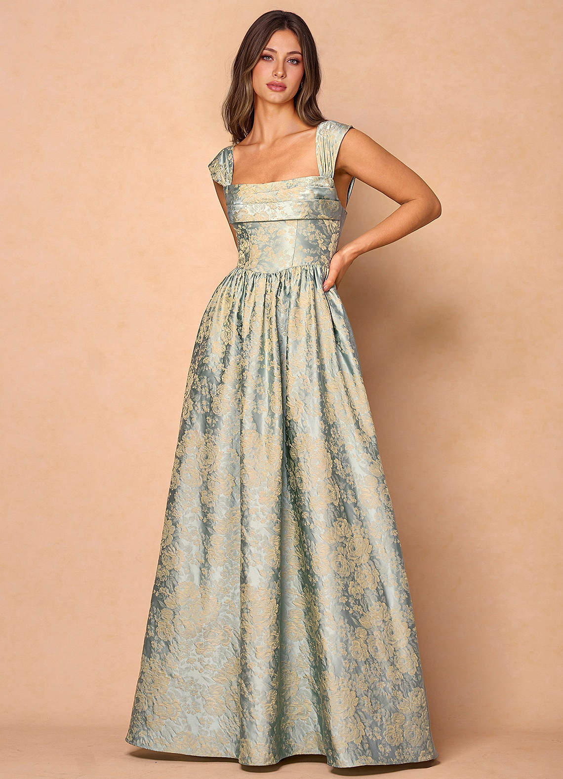 Runa Ball Gown Pleated Jacquard Taffeta Evening Dress in Emerald Black