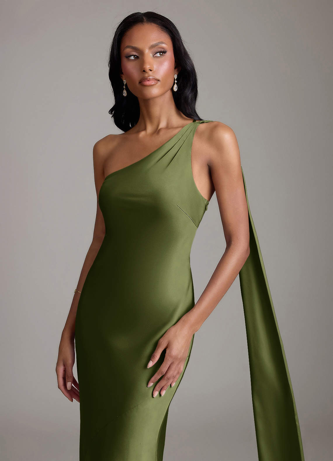 Juniper Mermaid One-Shoulder Stretch Satin Bridesmaid Dress in Olive