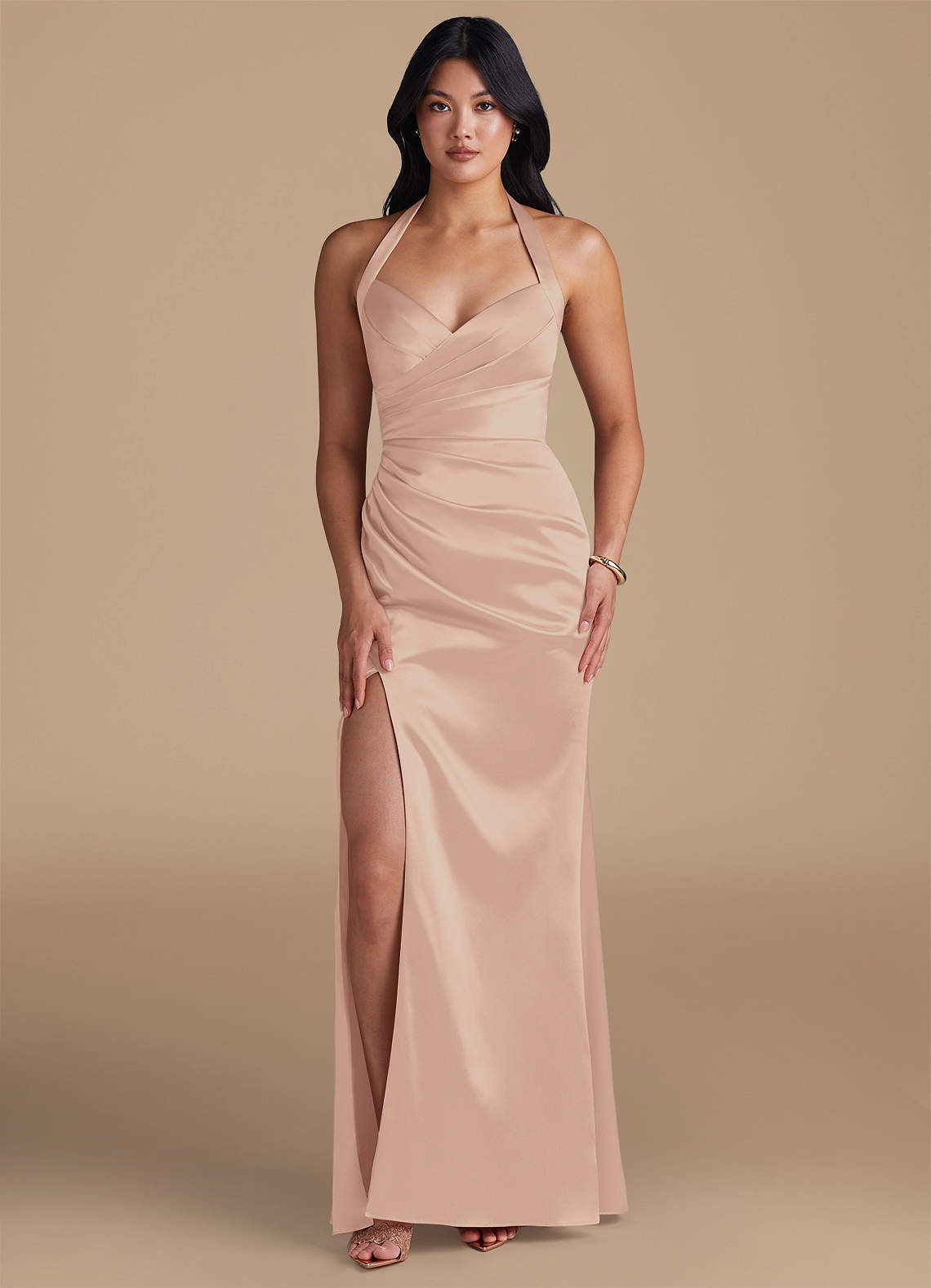 Emeria Sheath Halter Metallic Satin Bridesmaid Dress in English Rose