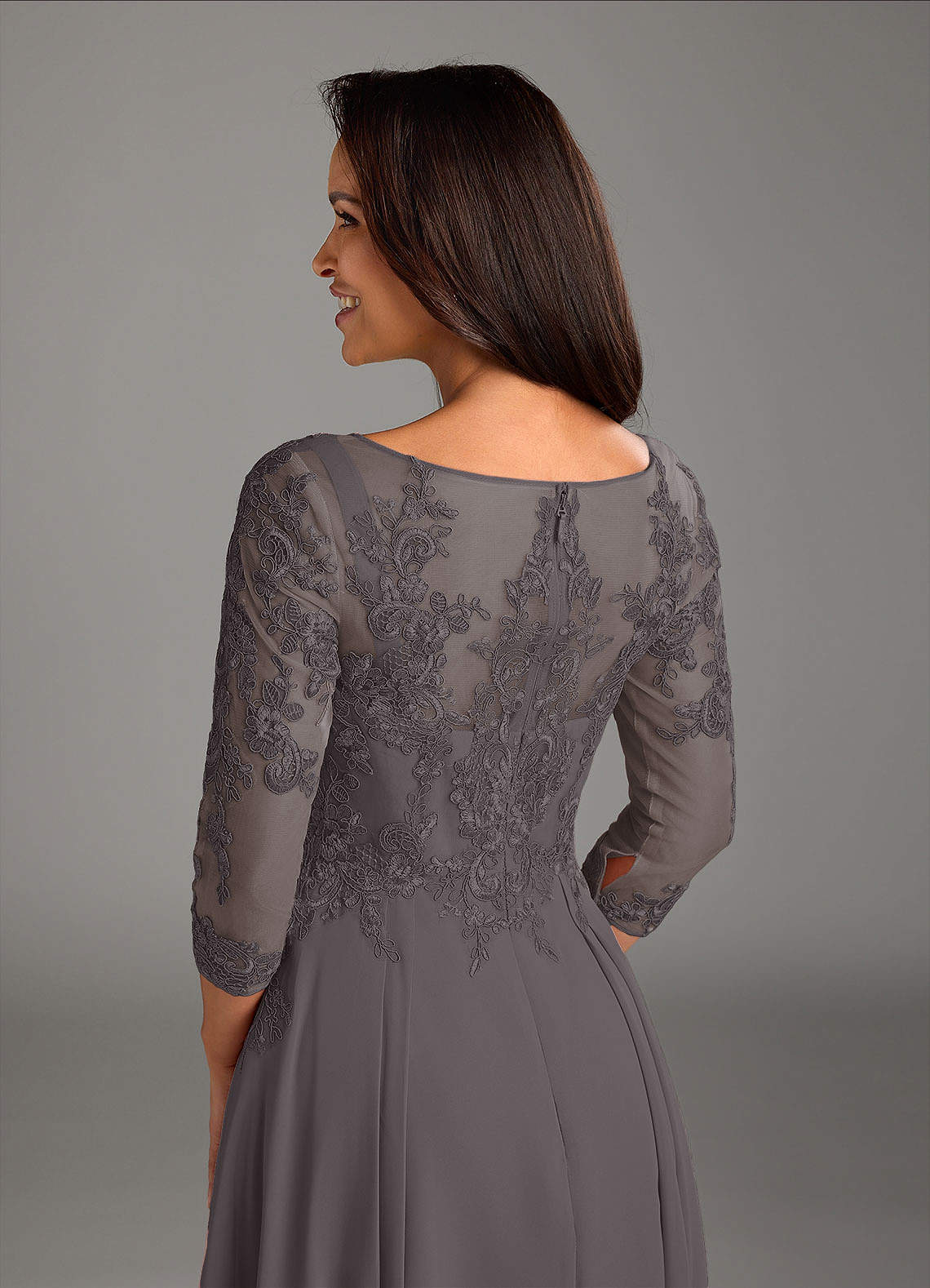 Marge A-Line Scoop-Neck Chiffon and Lace Mother of the Bride Dress in Steel Grey