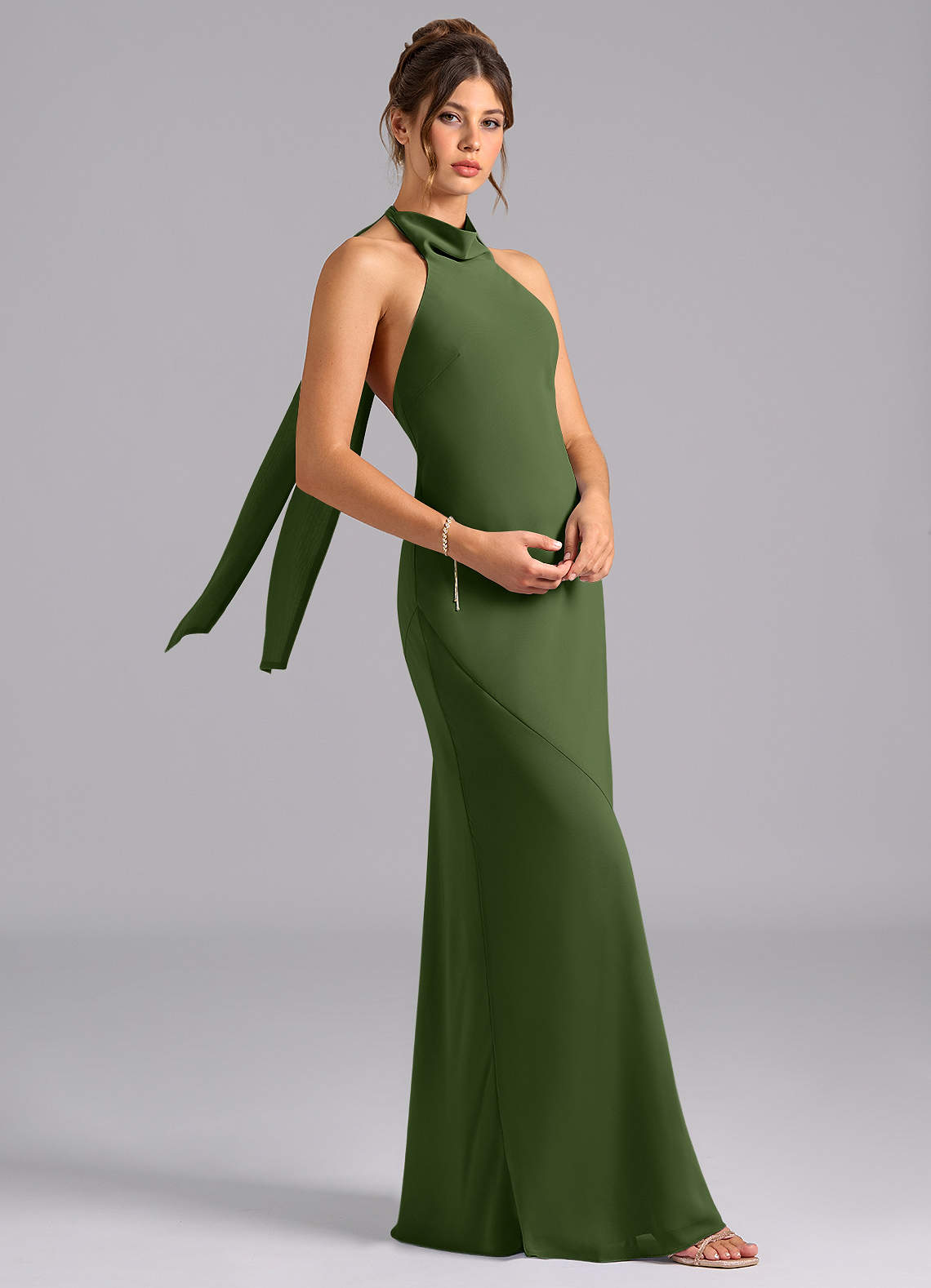 Velli Mermaid Halter Chiffon Bridesmaid Dress in Olive