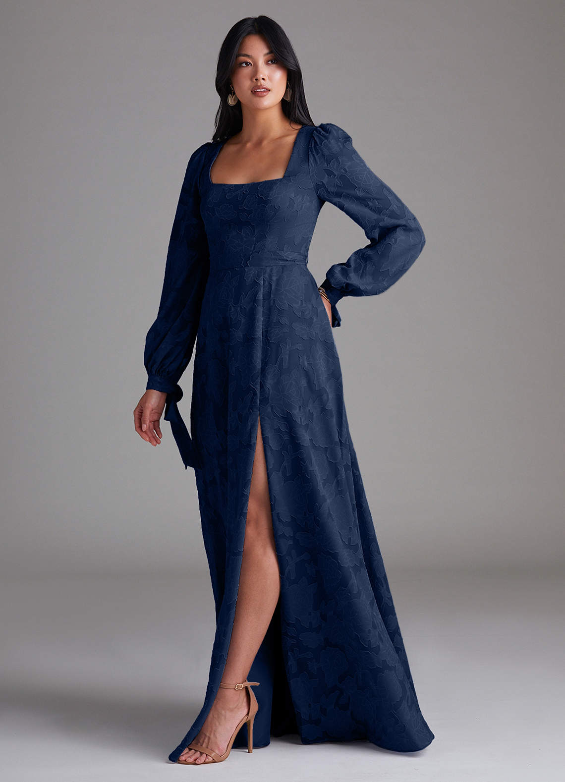 Leonia A-Line Square-Neck Stretch Satin Bridesmaid Dress in Dark Navy