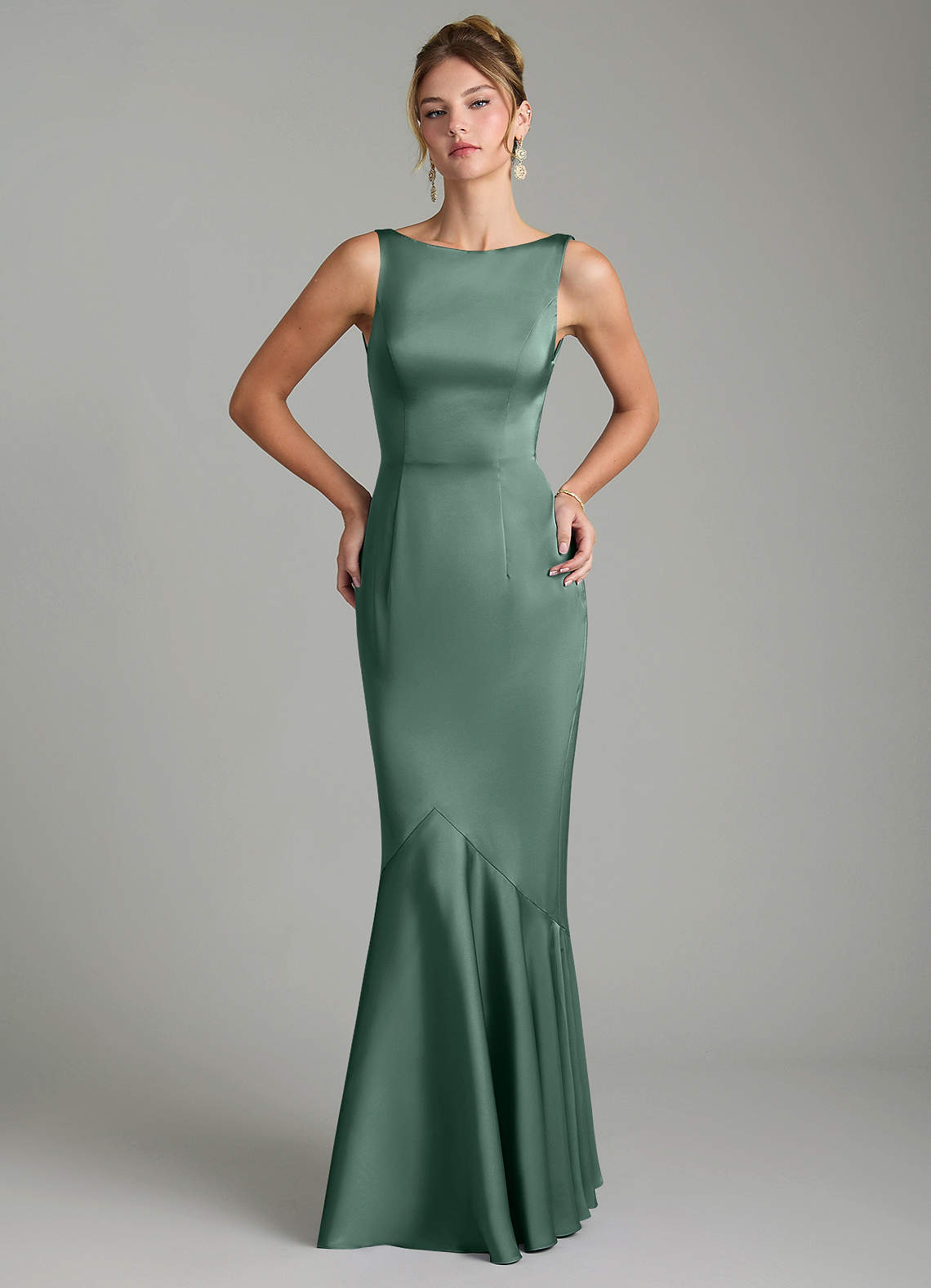 Tamera Mermaid Boat-Neck Stretch Satin and Chiffon Bridesmaid Dress in Eucalyptus