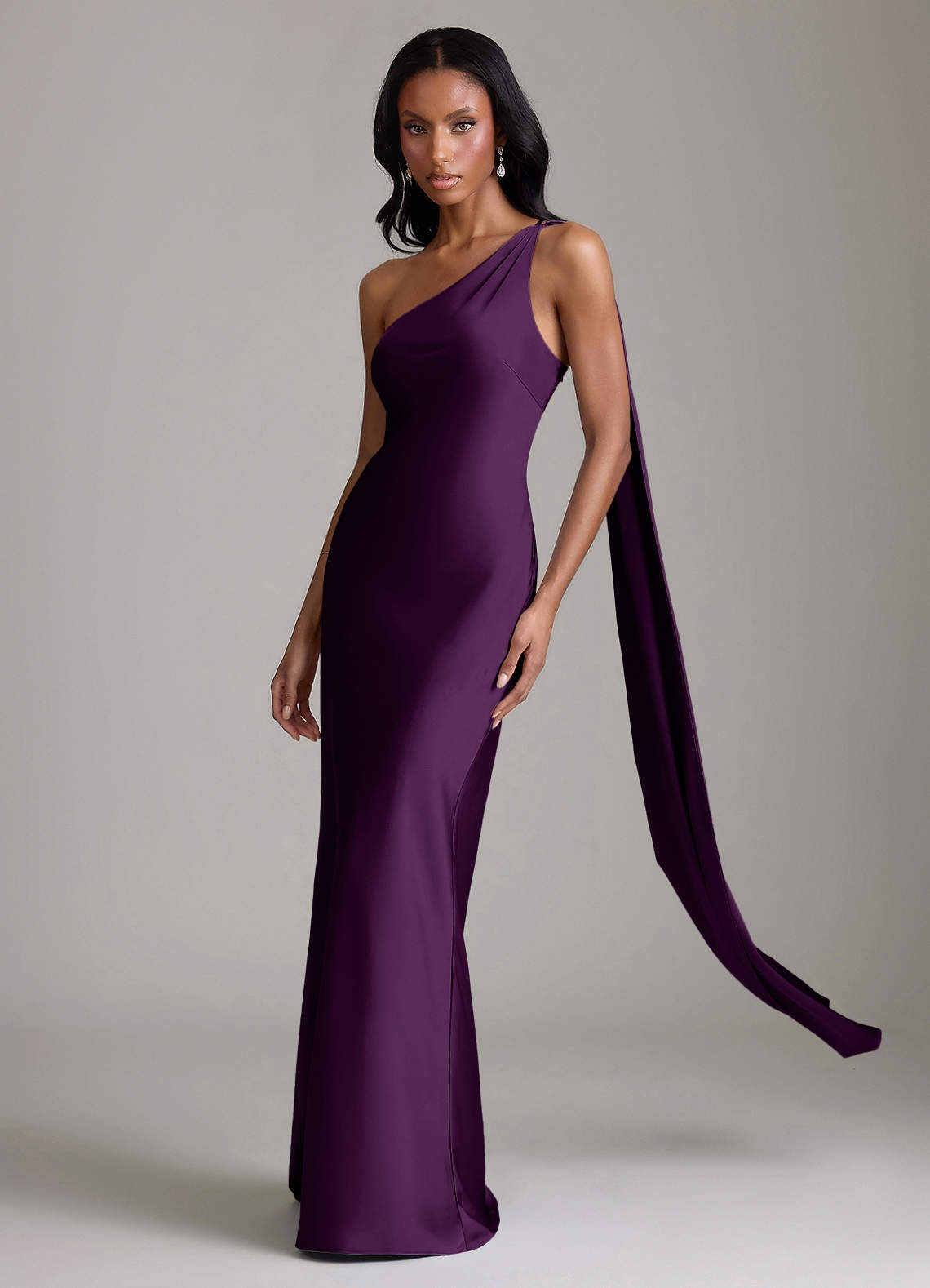 Juniper Mermaid One-Shoulder Stretch Satin Bridesmaid Dress in Grape