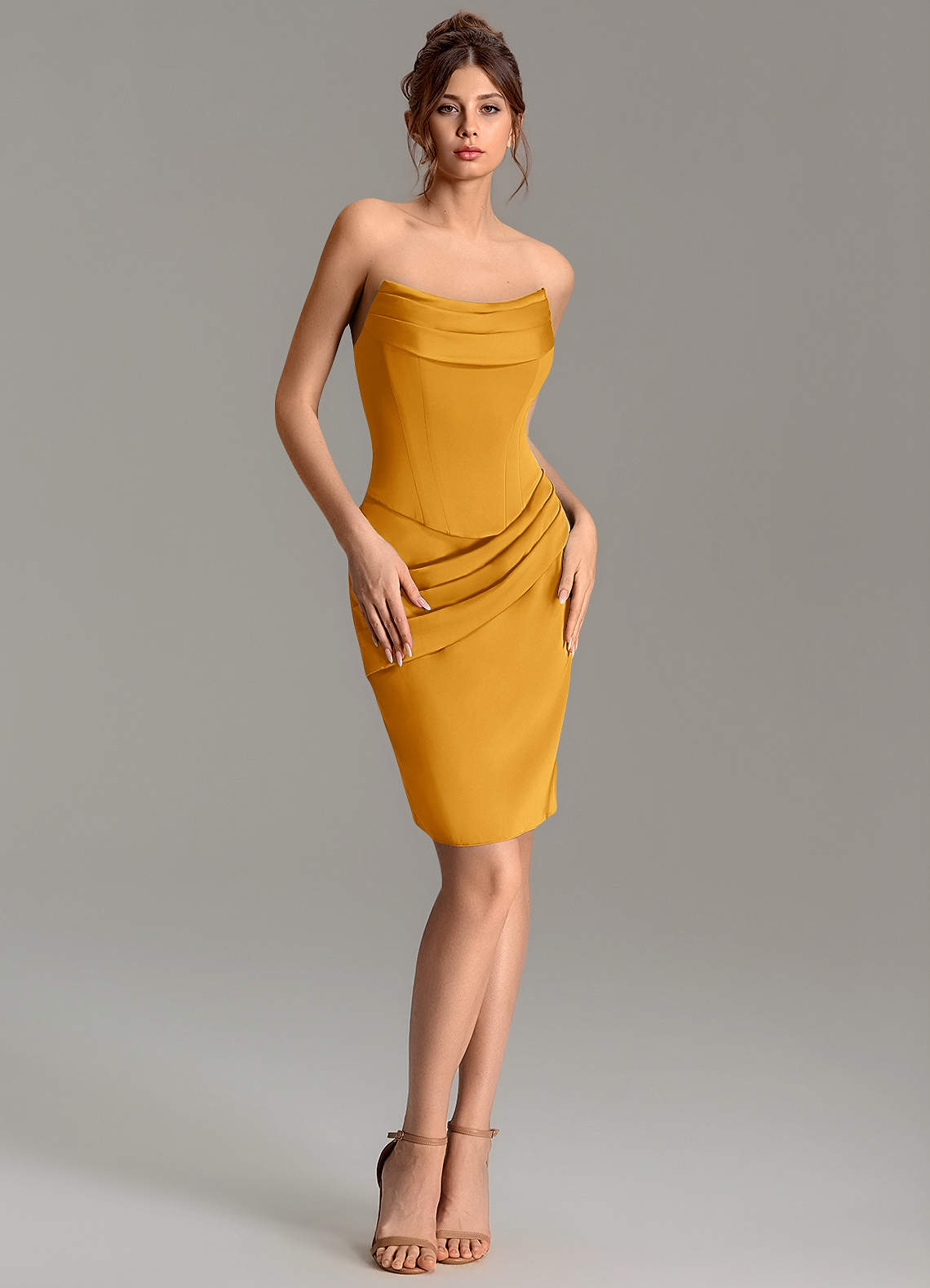 Adrienne Mermaid Cowl-Neck Stretch Satin Bridesmaid Dress in butterscotch