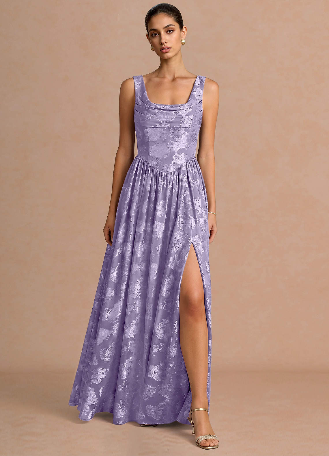 Novi A-Line Draped-Neck Floral Fil Coupé Evening Dress in Lemon Sorbet