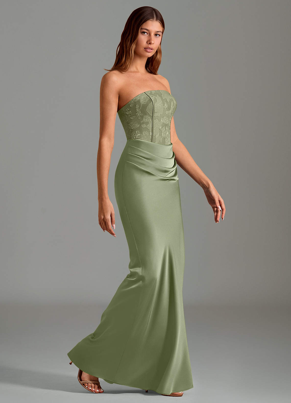 Emilia Mermaid Strapless Stretch Satin and Floral Burnout Bridesmaid Dress in Pistachio