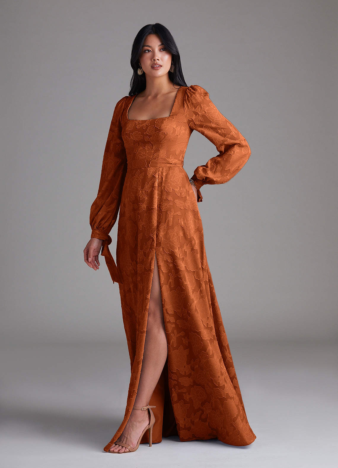 Leonia A-Line Square-Neck Stretch Satin Bridesmaid Dress in Burnt Orange