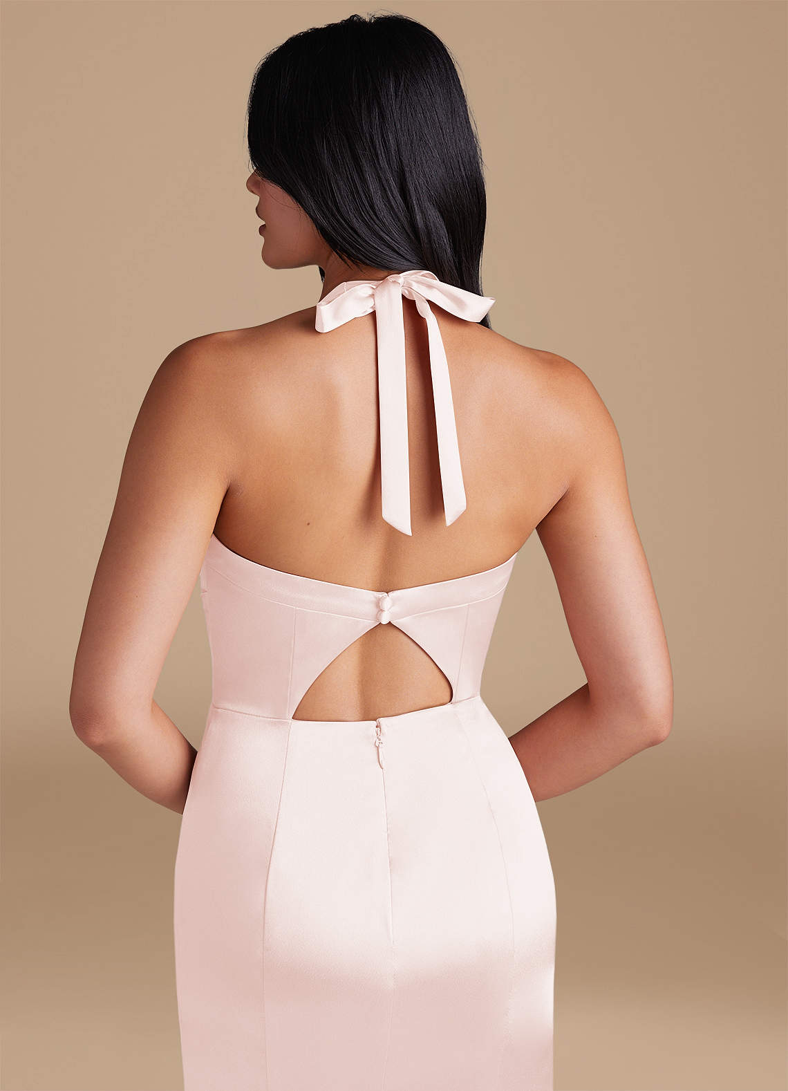 Emeria Sheath Halter Metallic Satin Bridesmaid Dress in rose gold