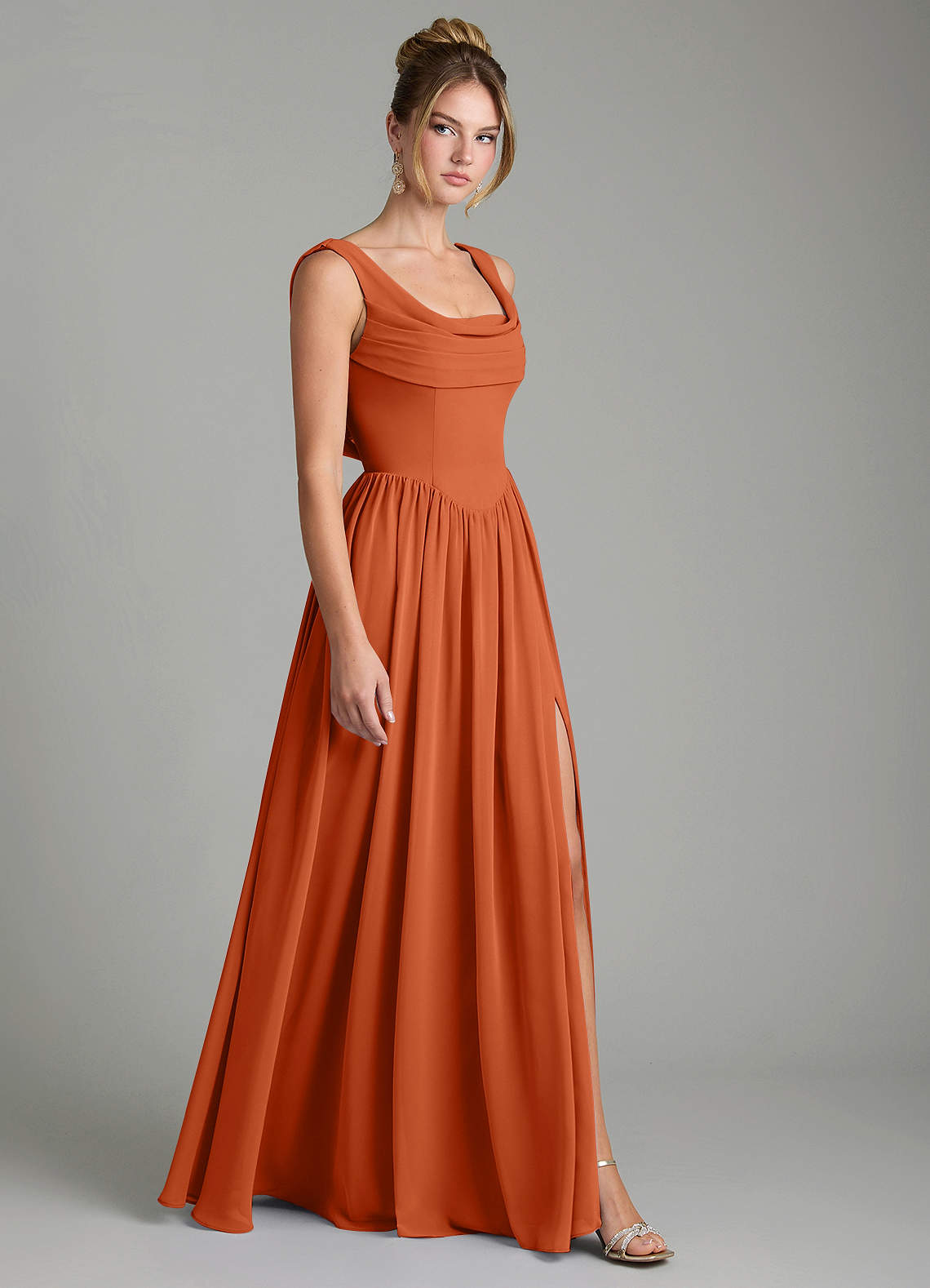 Novi A-Line Square-Neck Chiffon Bridesmaid Dress in Burnt Orange