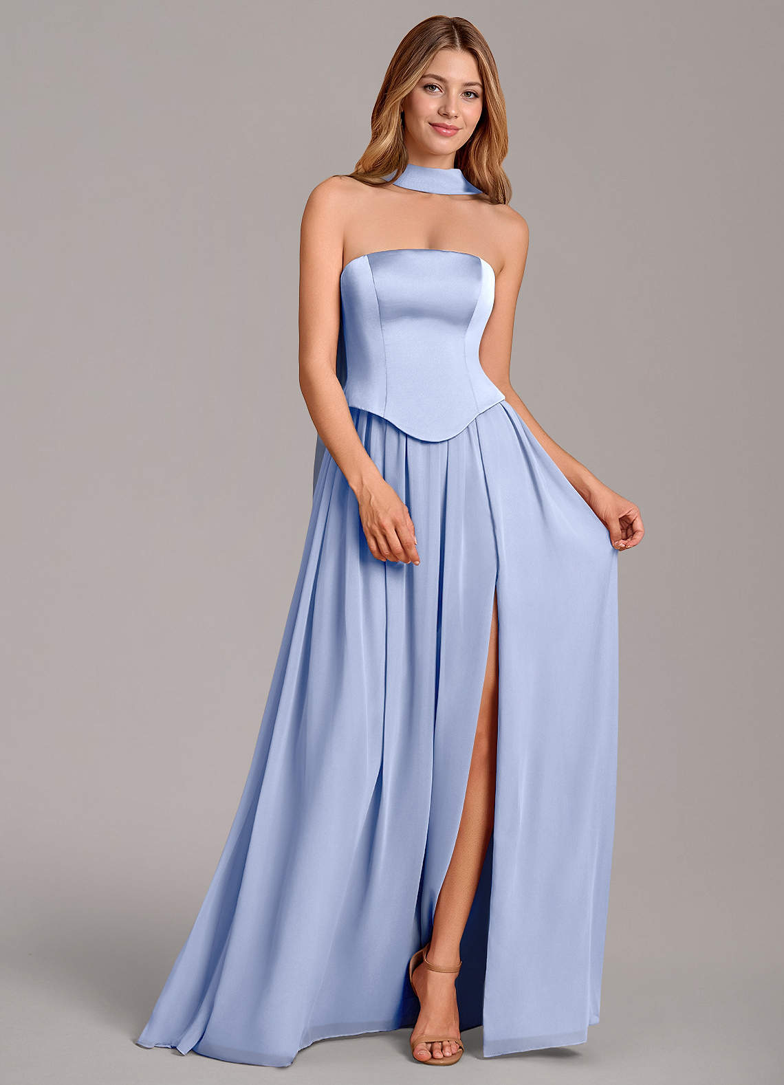Cadence A-Line Strapless Chiffon and Stretch Satin Bridesmaid Dress in Ice