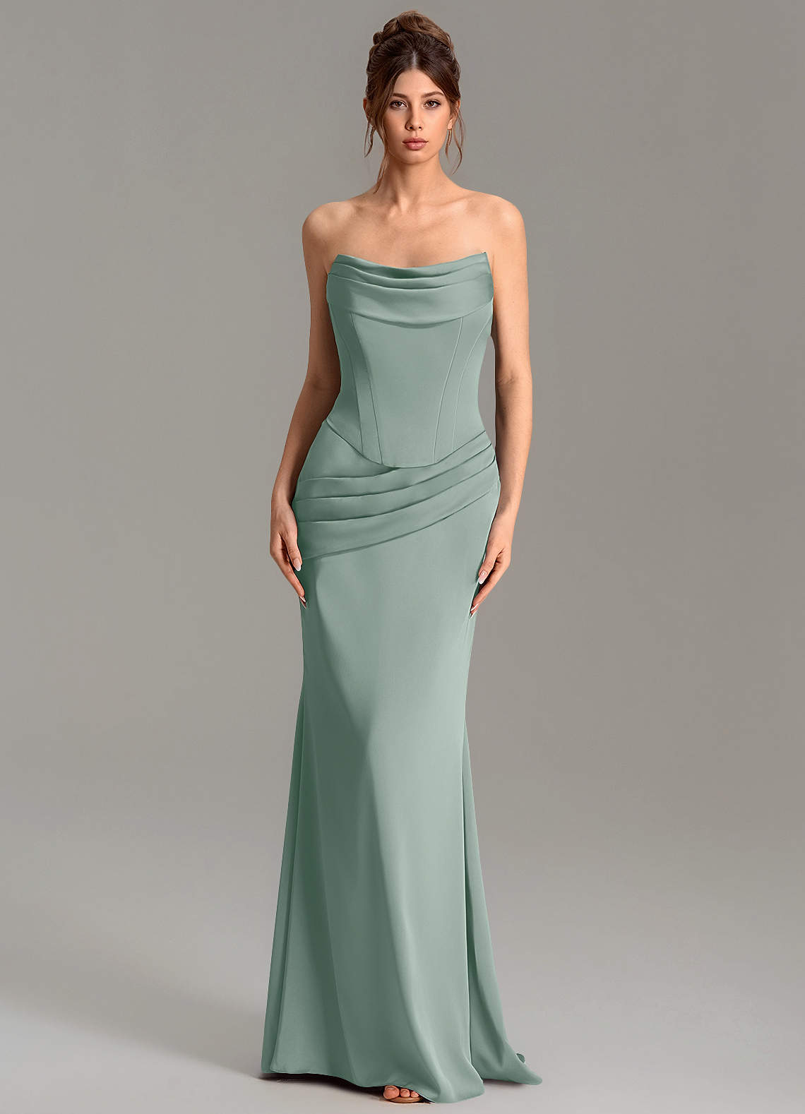 Adrienne Mermaid Cowl-Neck Stretch Satin Bridesmaid Dress in Silver Sage