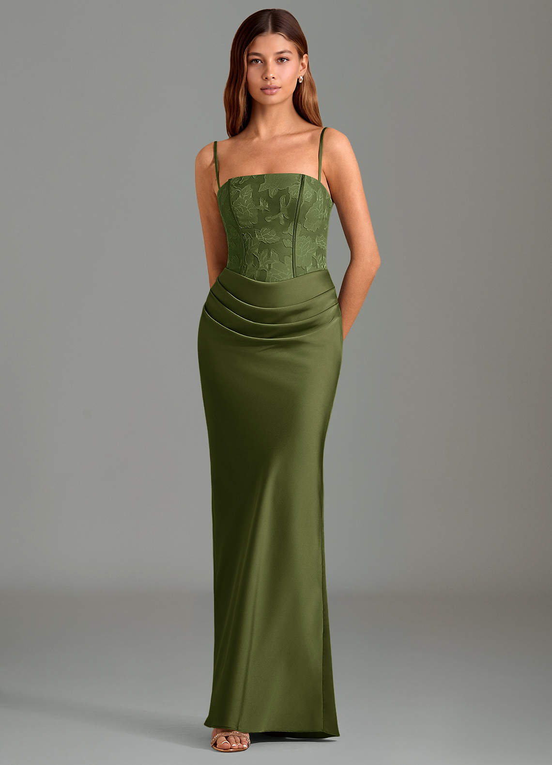 Emilia Mermaid Strapless Stretch Satin and Floral Burnout Bridesmaid Dress in Olive