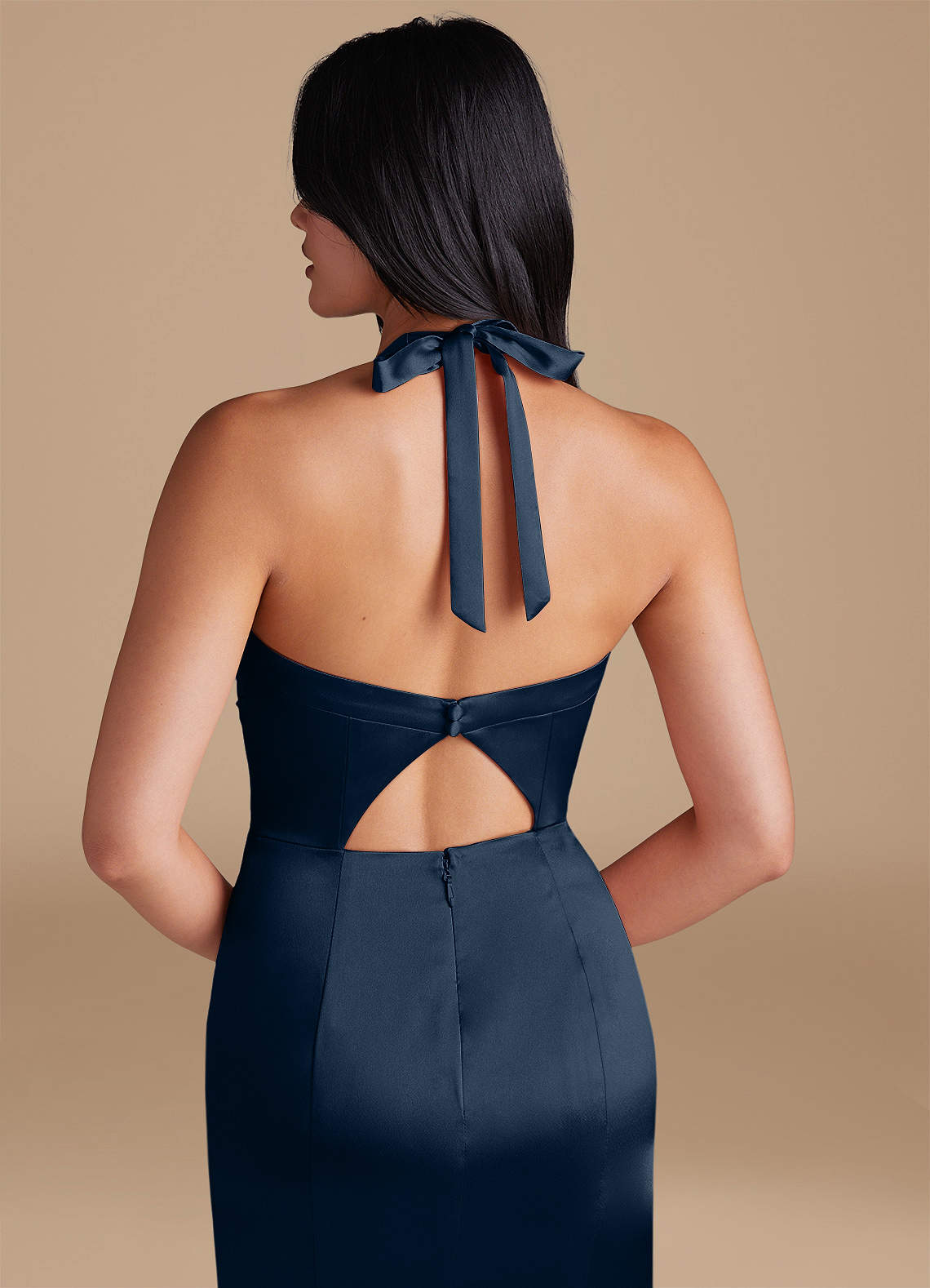 Emeria Sheath Halter Metallic Satin Bridesmaid Dress in Dark Navy