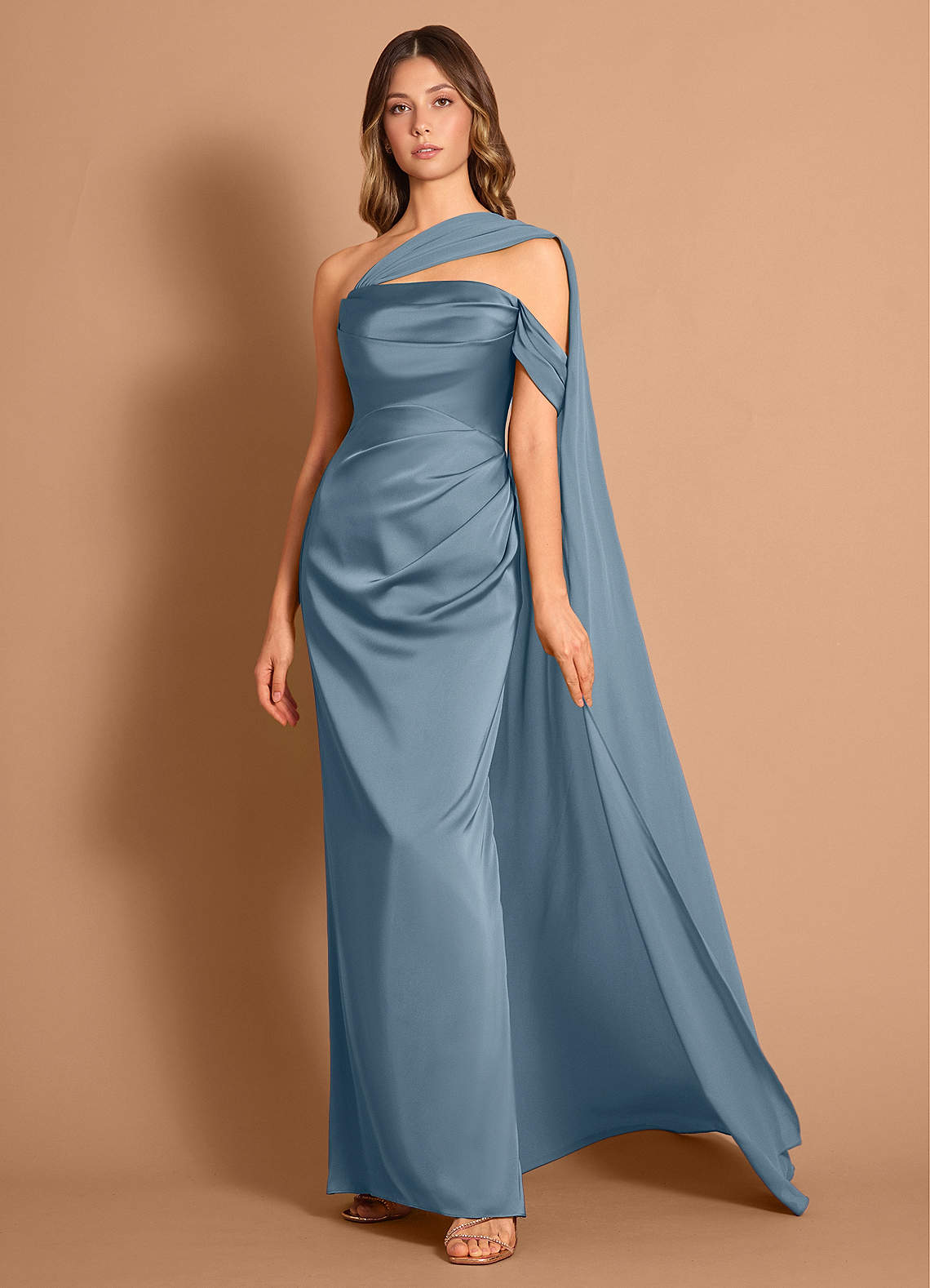 Meliora Asymmetric Strapless Chiffon-Drape Stretch Satin Evening Dress in Powder Blue