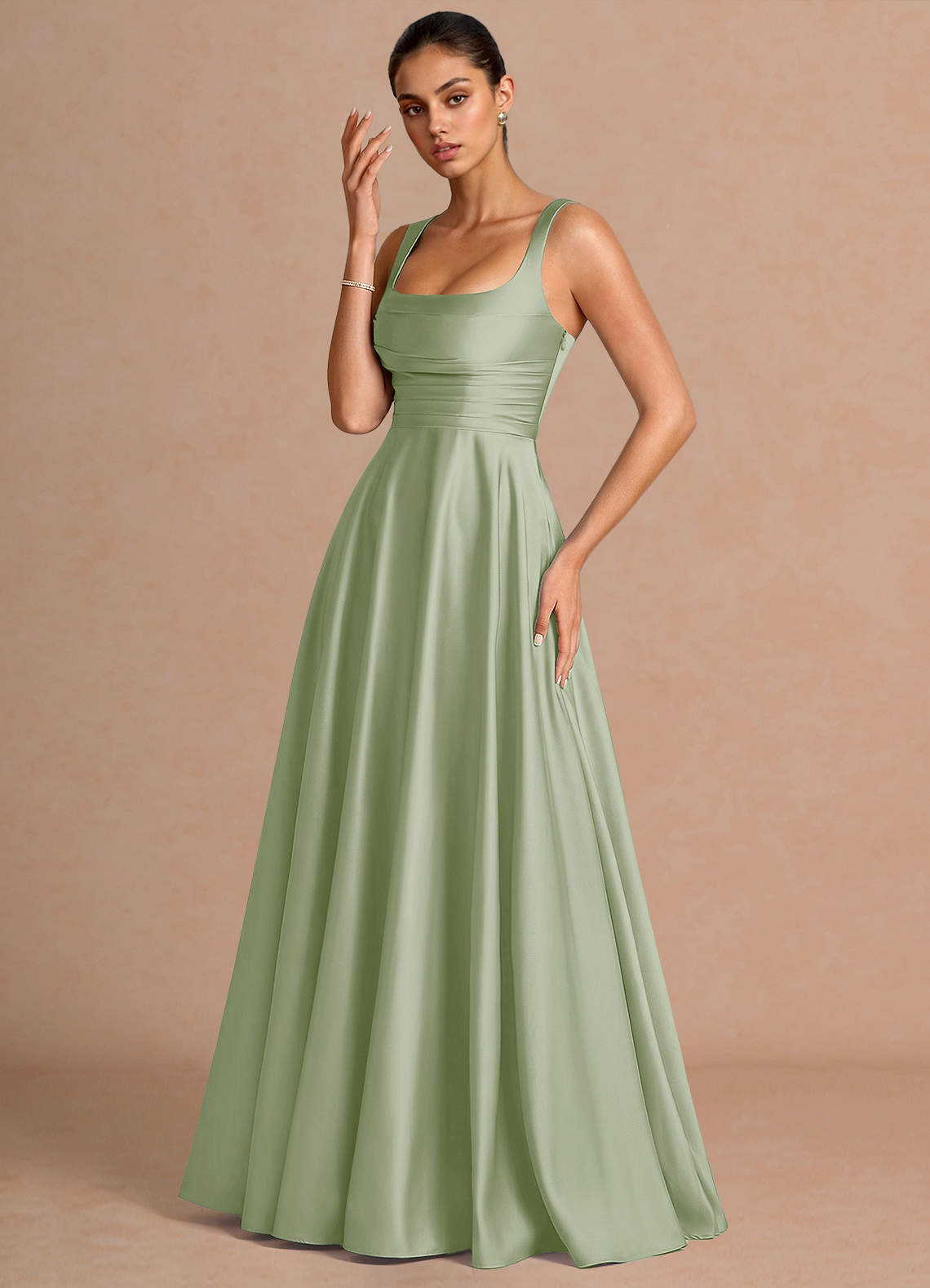 Azaria A-Line Square-Neck Stretch Satin Wedding Guest Dress in Light Green