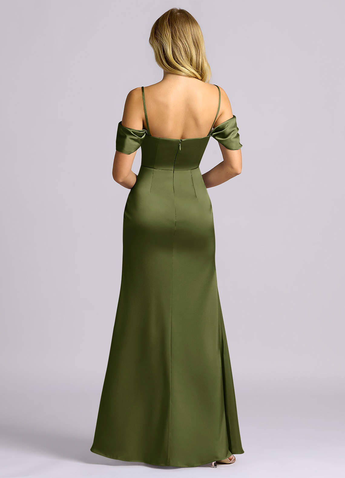 Auden Sheath Off-the-Shoulder Stretch Satin Bridesmaid Dress in Olive