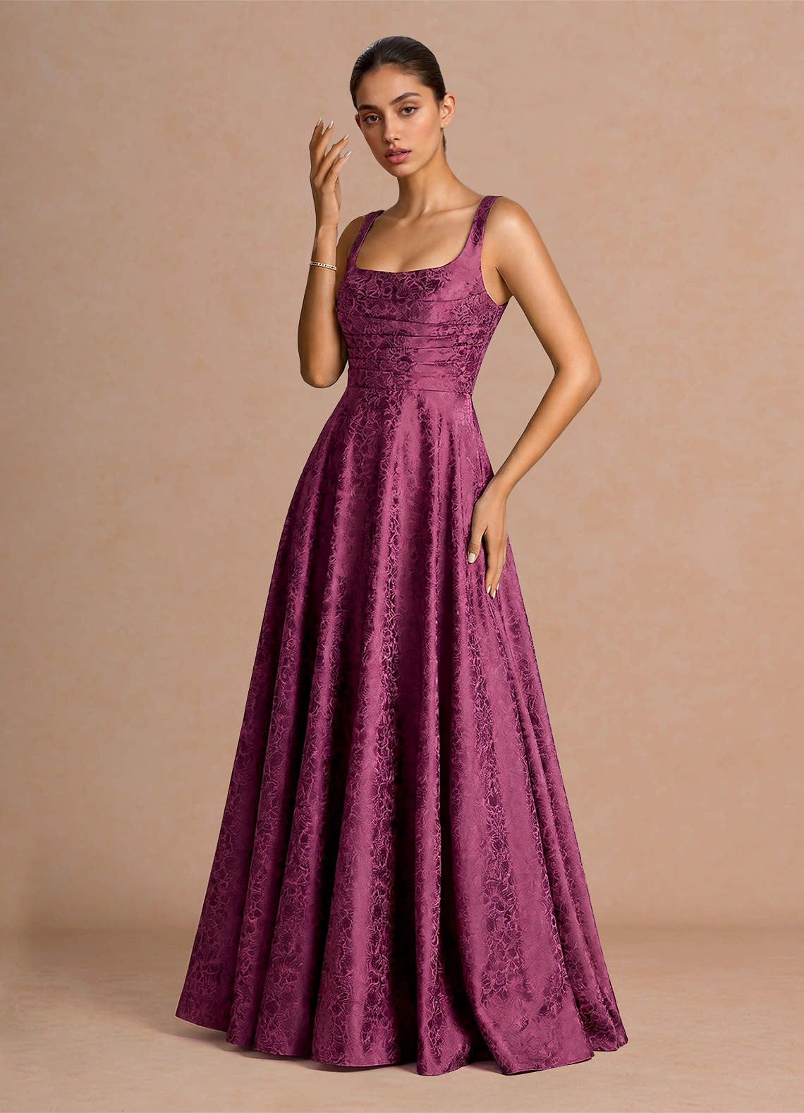 Elowena A-Line Square-Neck Satin Jacquard Evening Dress in Plum Purple