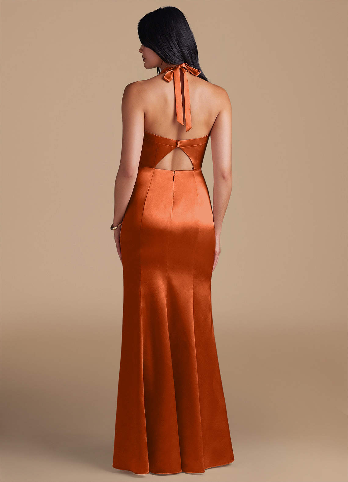Emeria Sheath Halter Metallic Satin Bridesmaid Dress in Burnt Orange