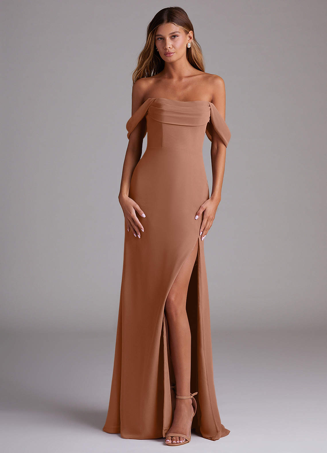 Saige A-Line Off-the-Shoulder Chiffon Bridesmaid Dress in Bronzer