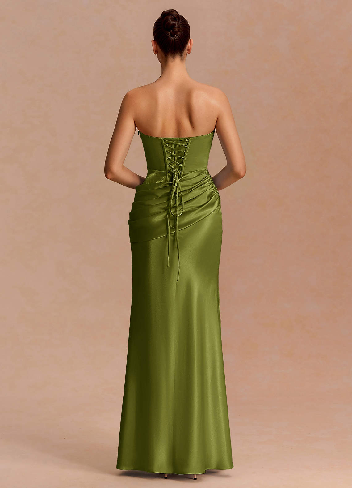 Leonie Strapless Draped-Shoulder Satin Evening Dress in Olive