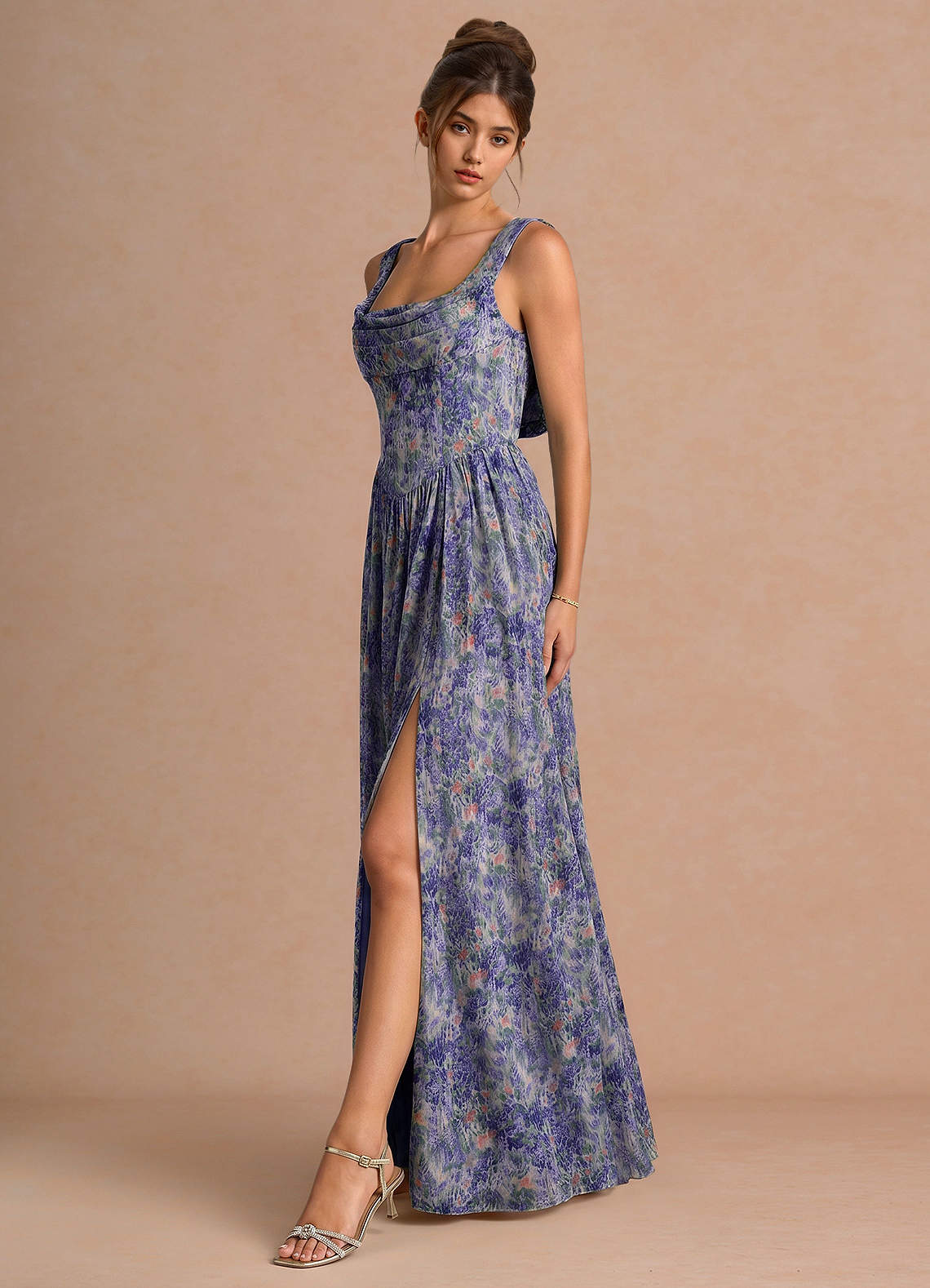 Aurore A-Line Cowl-Neck Chiffon Wedding Guest Dress in Lilac Floral