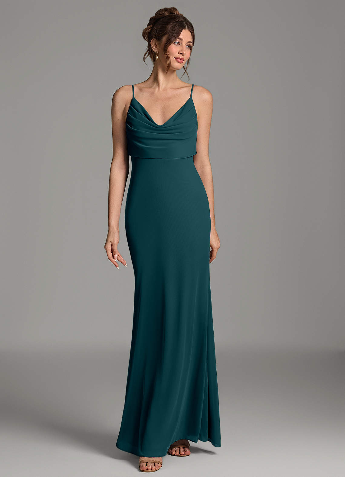 Zari Mermaid Cowl-Neck Mesh Bridesmaid Dress in Pine