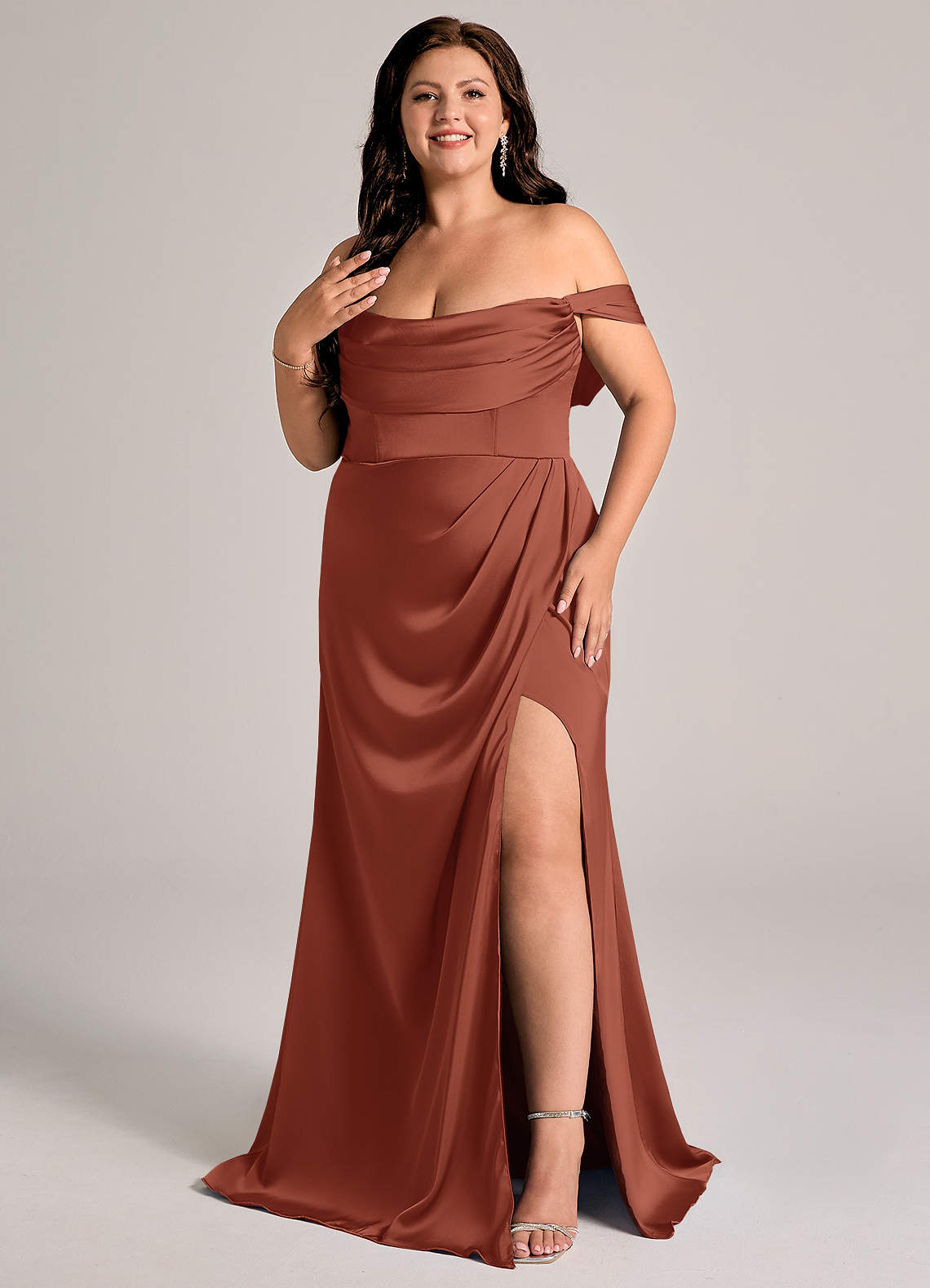 Johana Mermaid Off-the-Shoulder Stretch Satin Bridesmaid Dress in Auburn