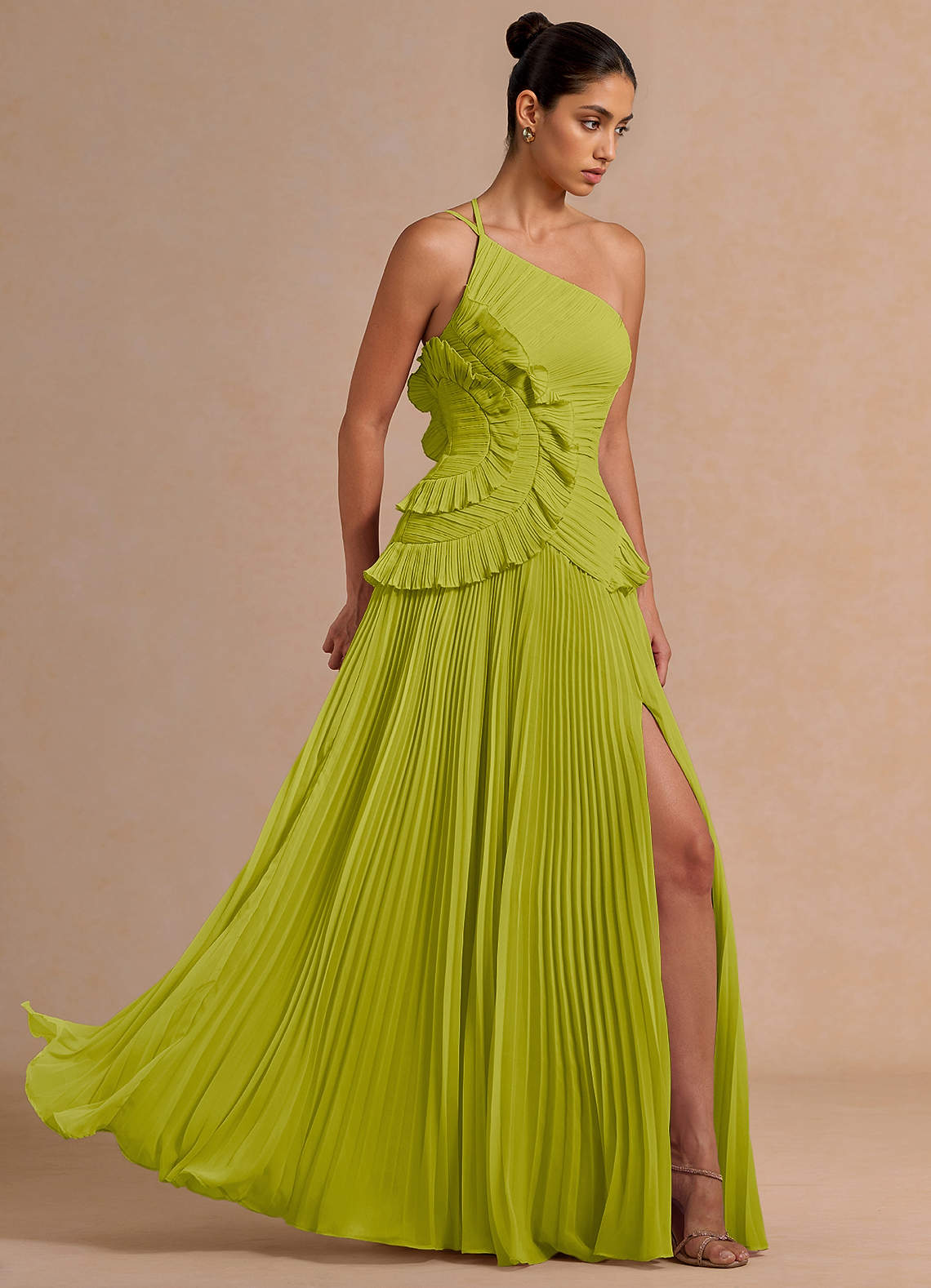 Melody A-Line One-Shoulder Chiffon Evening Dress in Lemon Green