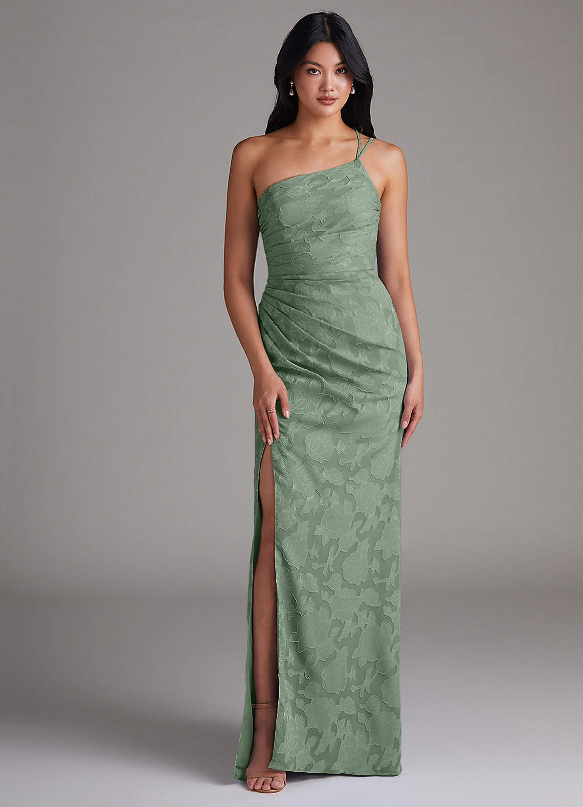 Eren Sheath One-Shoulder Floral Burnout Bridesmaid Dress in Matcha