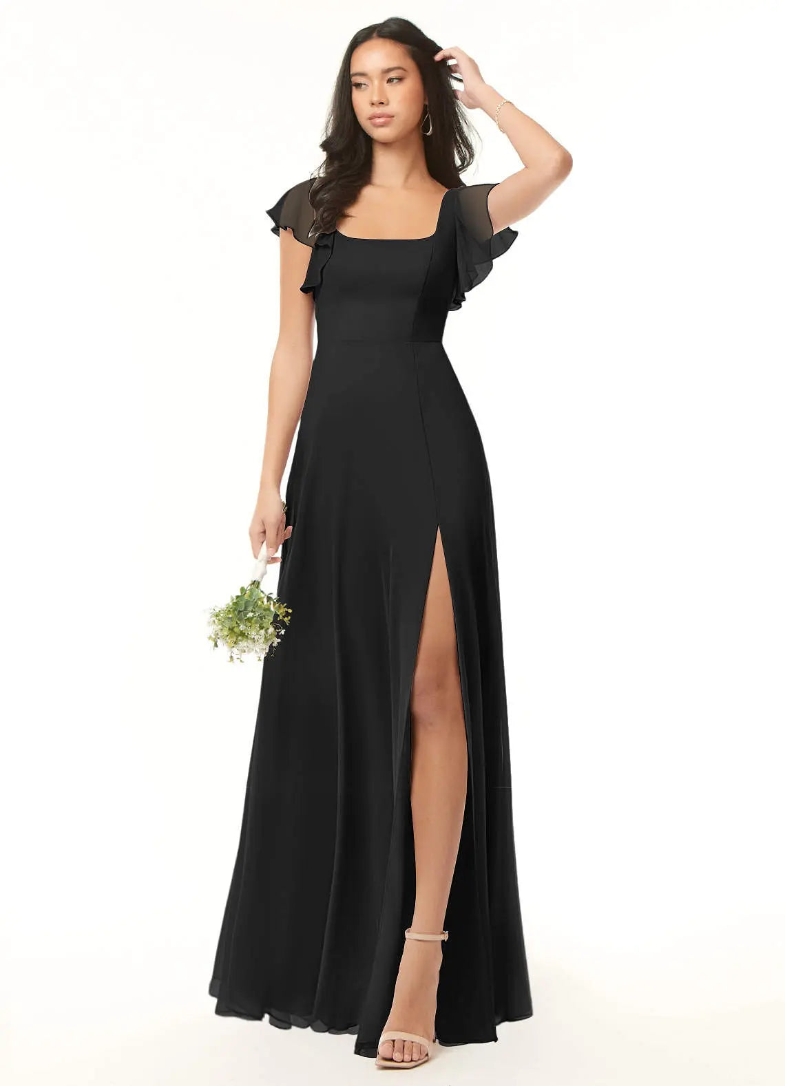 Bondi A-Line Square-Neck Chiffon Bridesmaid Dress in black