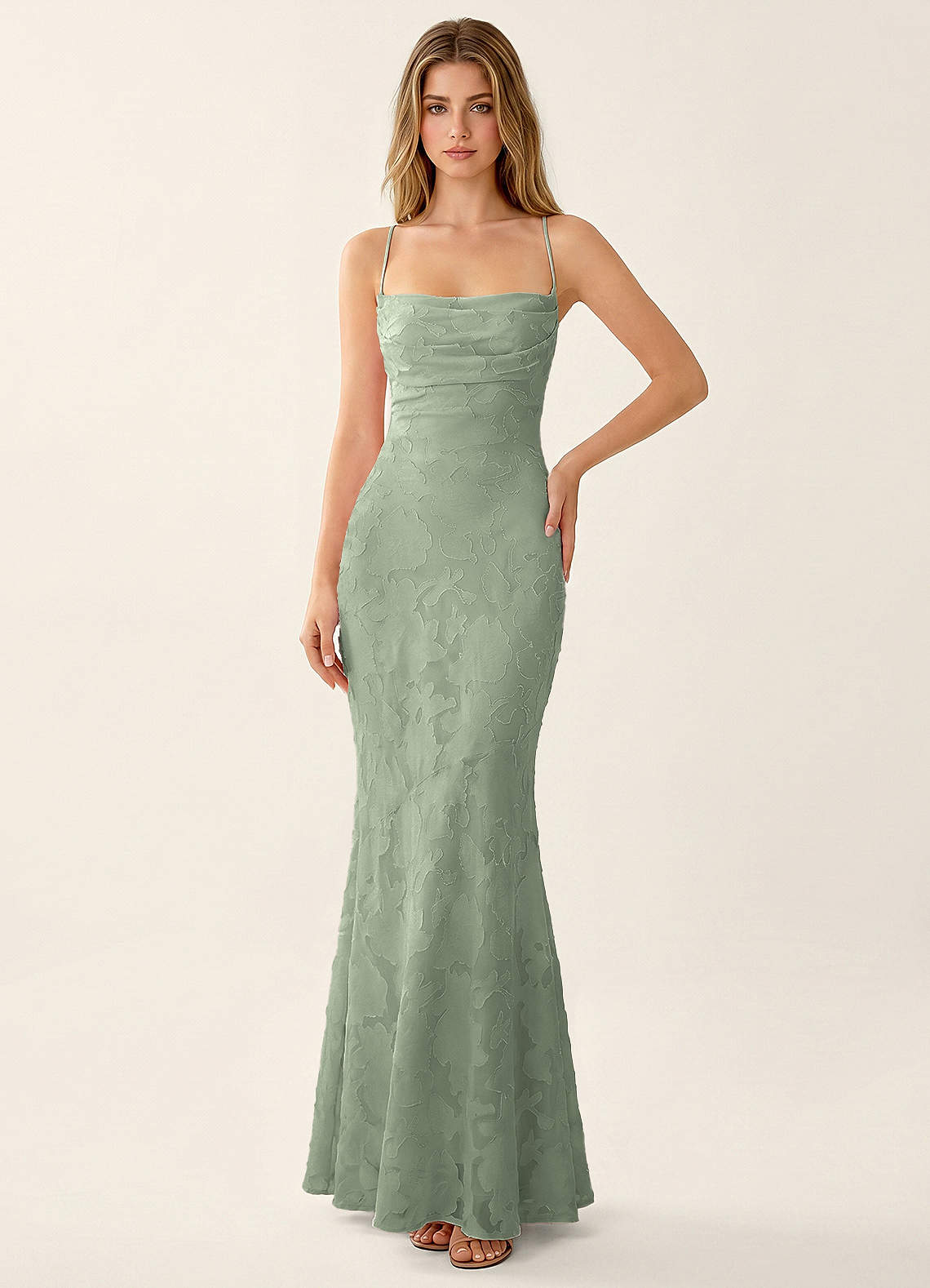 Natasha Mermaid Spaghetti-Strap Floral Burnout Evening Dress in Agave Green