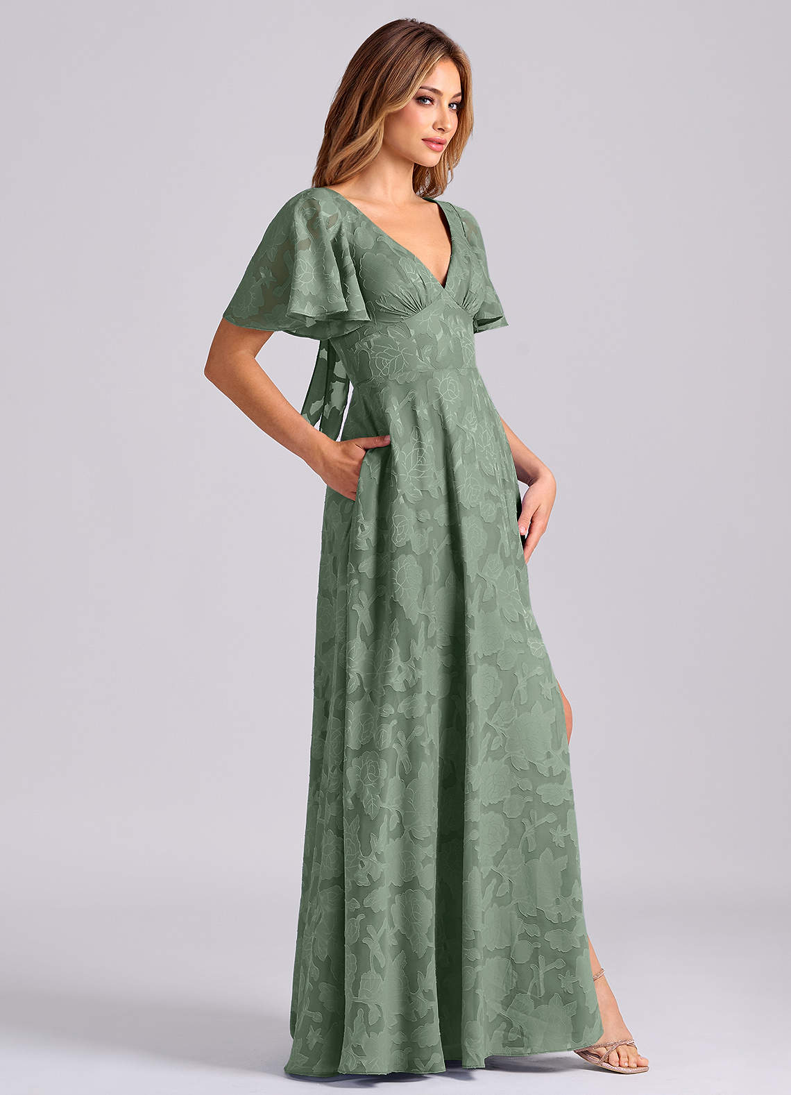 Kimber A-Line V-Neck Floral Burnout Bridesmaid Dress in Matcha