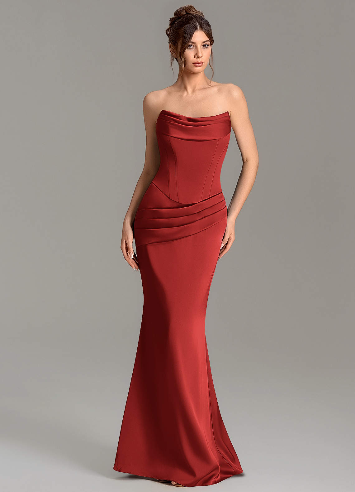 Adrienne Mermaid Cowl-Neck Stretch Satin Bridesmaid Dress in Pomegranate