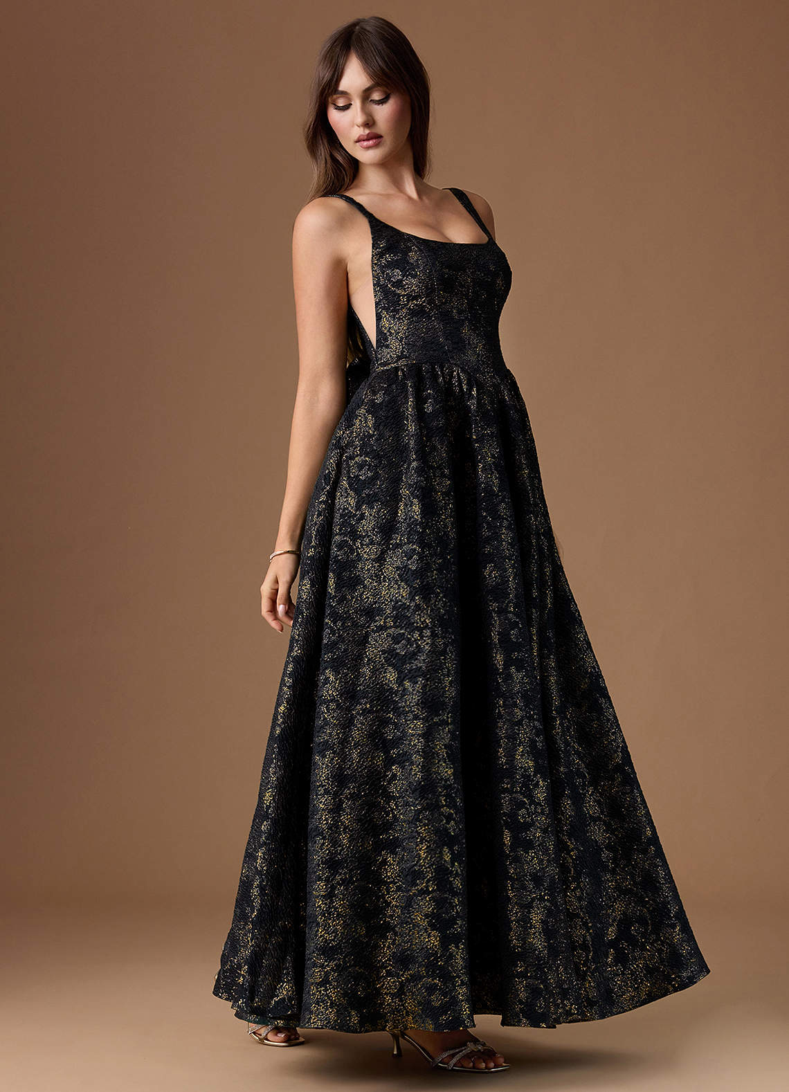 Bea A-Line Square-Neck Brocade Evening Dress in Gilded Midnight