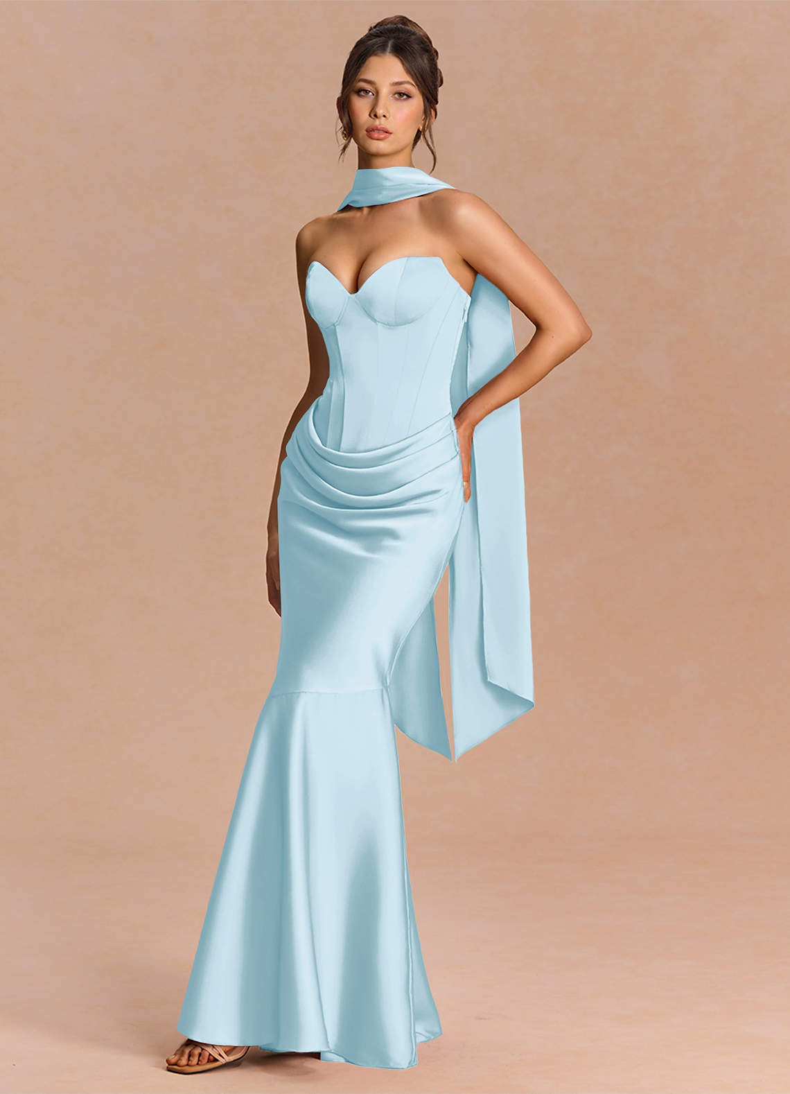 Euphemia Mermaid Strapless Stretch Satin Evening Dress in Sky Blue