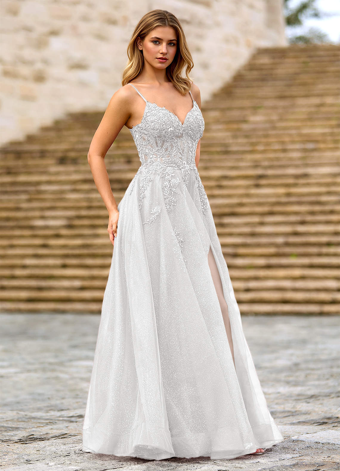 Milliener A-Line V-Neck Tulle Evening Dress in white