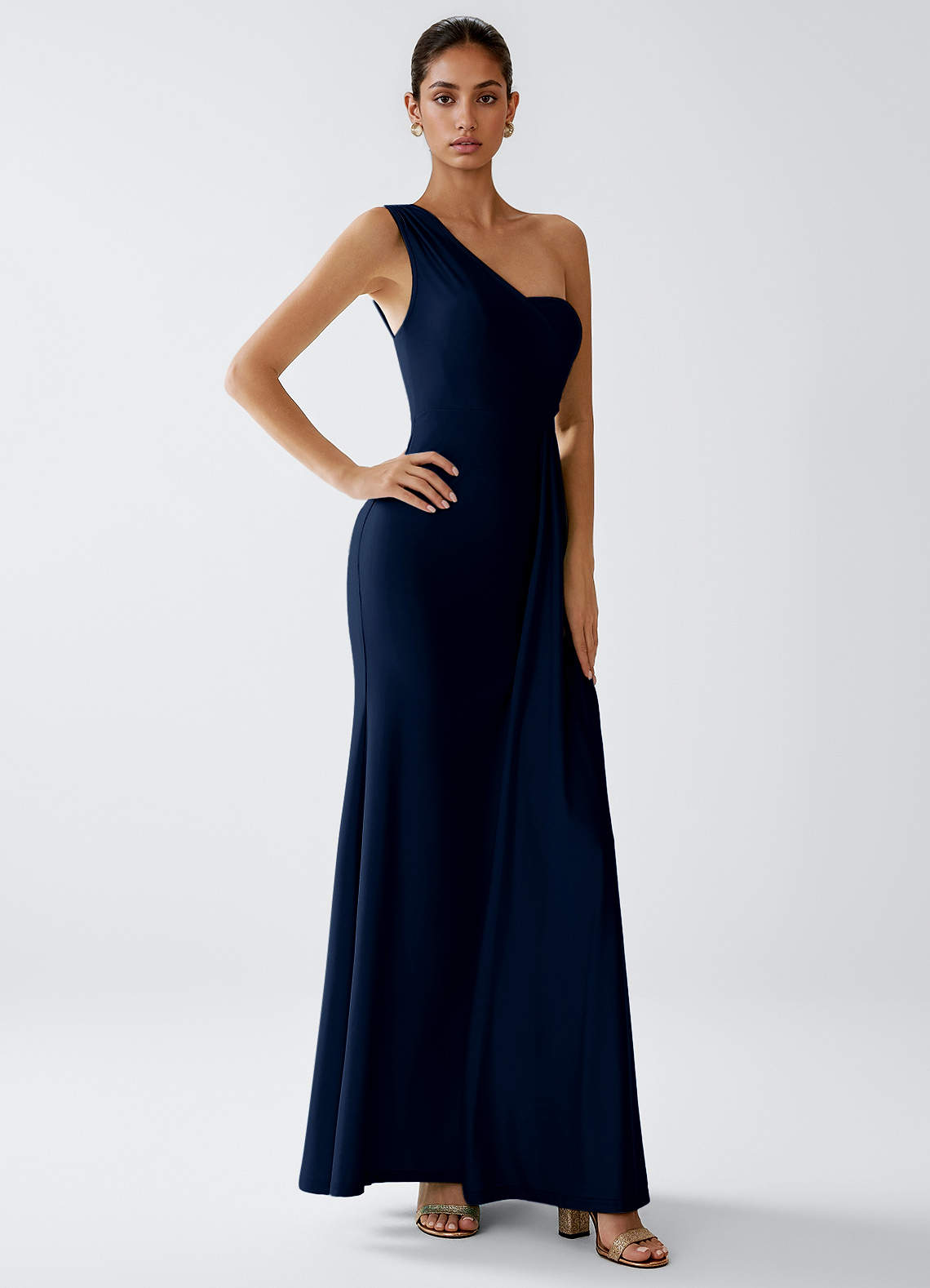 Celira Sheath One-Shoulder Glossy Knit Evening Dress in Dark Navy