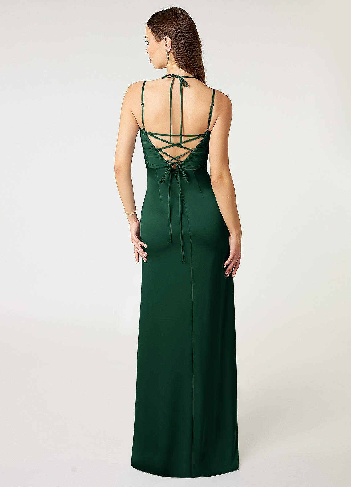 Desi Sheath Halter Stretch Satin Bridesmaid Dress in Dark Green
