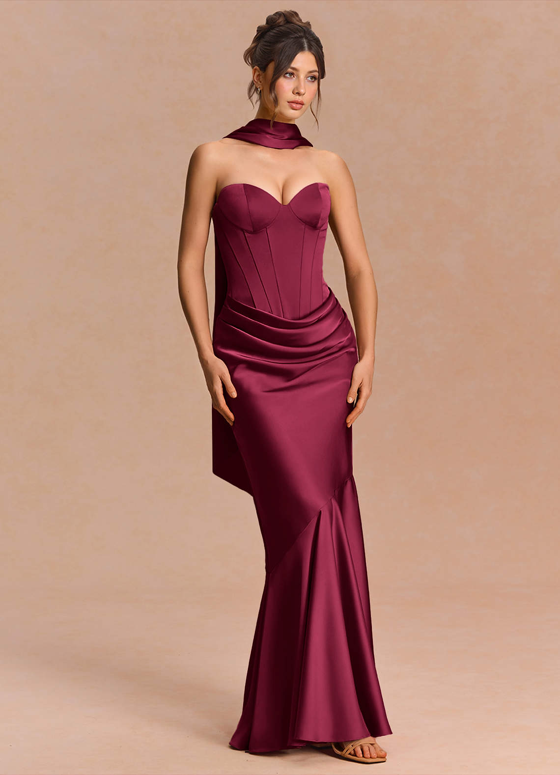 Euphemia Mermaid Strapless Stretch Satin Evening Dress in Merlot