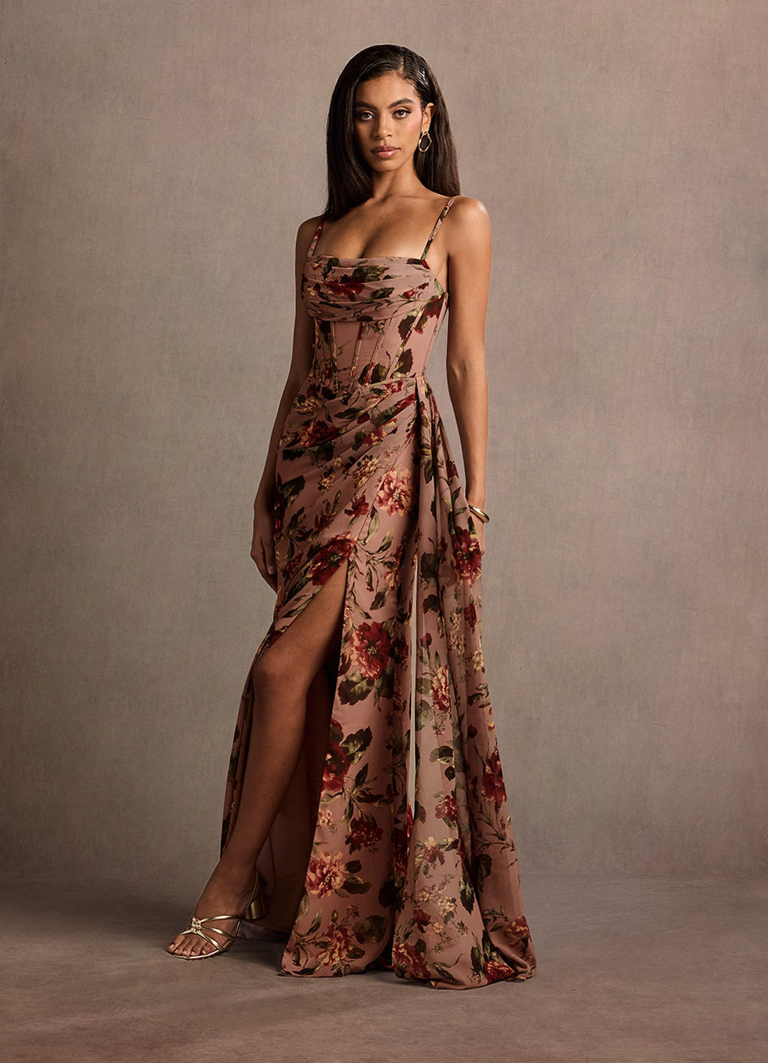 Aurra A-Line Pleated Floral Chiffon Wedding Guest Dress in Mauve Multi
