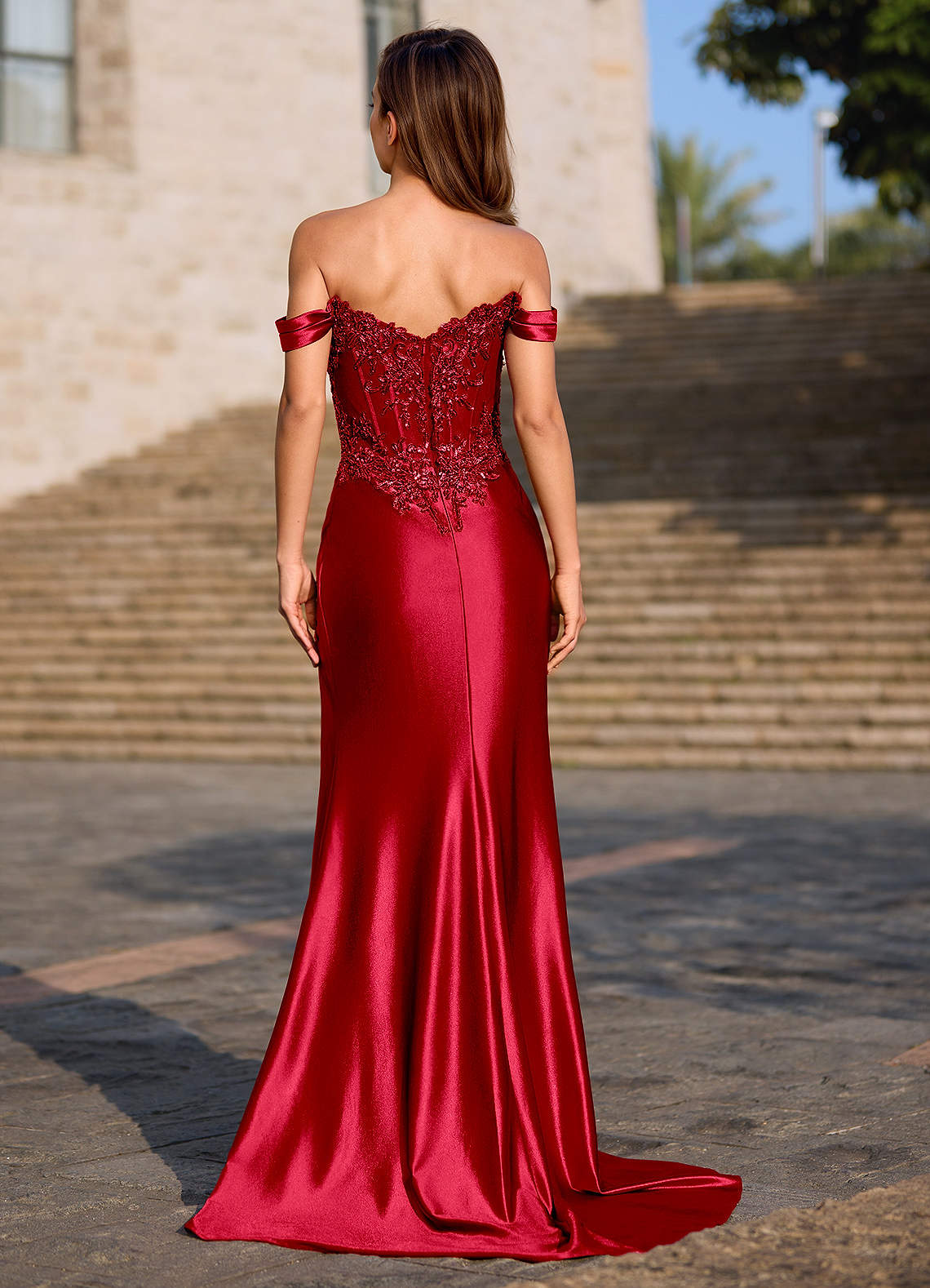 Opulence Mermaid Off-the-Shoulder Satin Evening Dress in Red