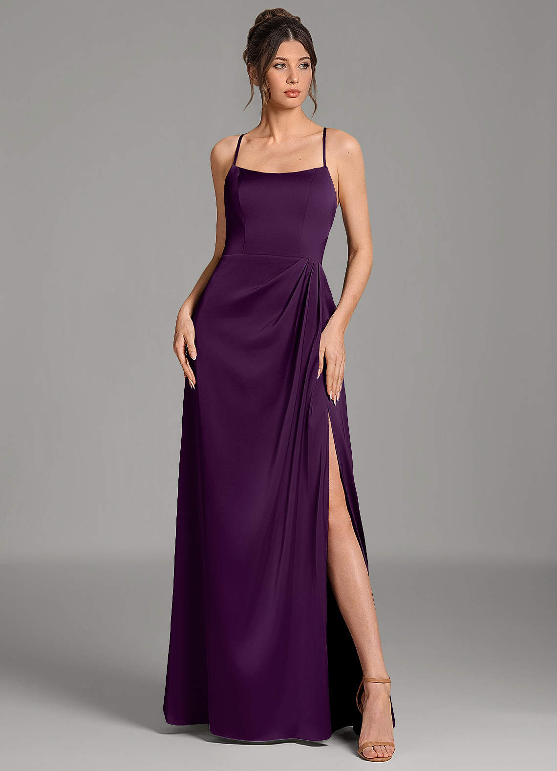 Frankie A-Line Scoop-Neck Stretch Satin Bridesmaid Dress in Grape